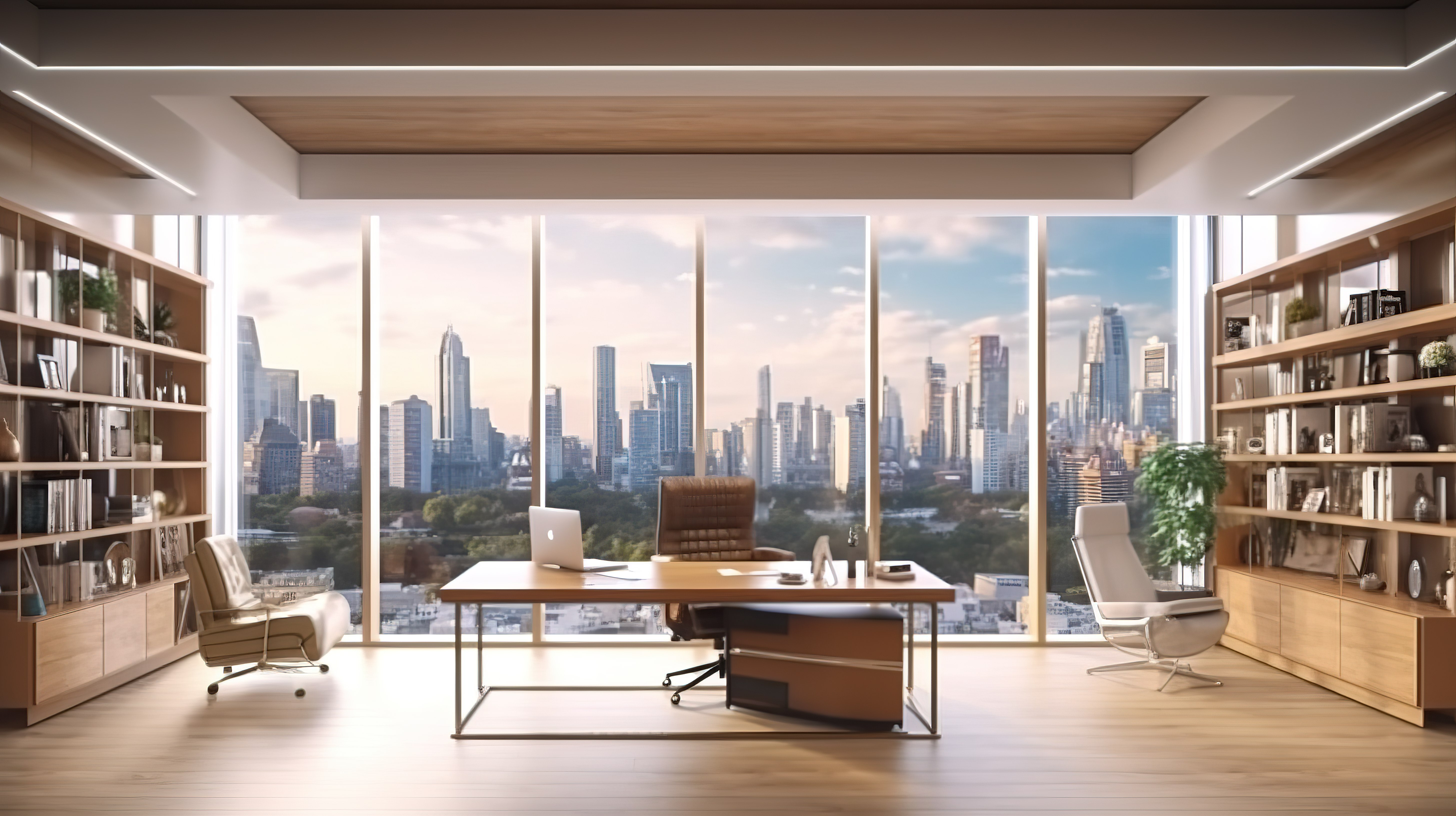 全景城市景观豪华办公室内部的 3D 渲染，配有高端家具和设备，以实现高效的工作场所概念图片