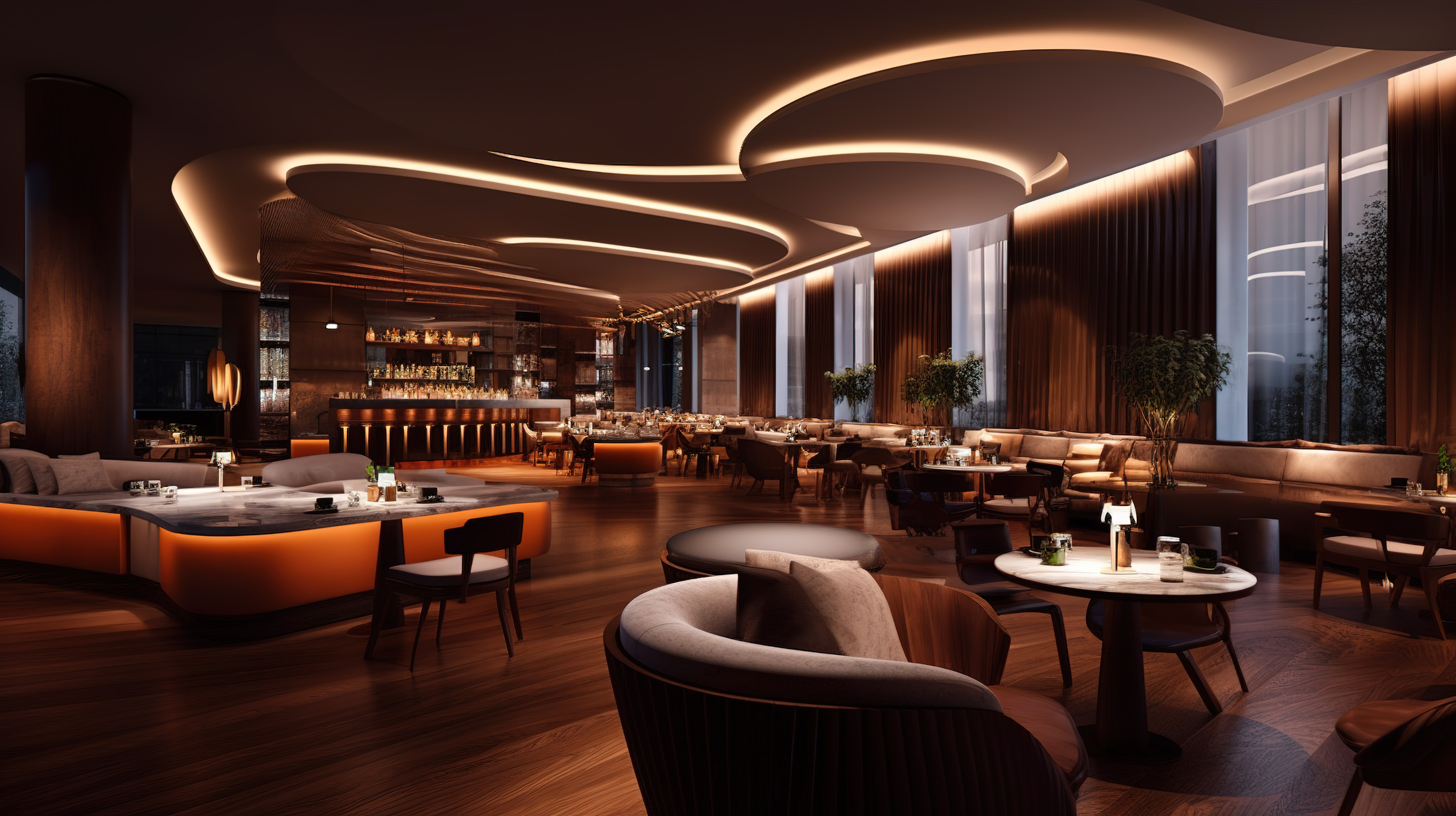 精致的酒吧和餐厅拥有豪华的现代设计，配有优雅的家具和灯光，以令人惊叹的 3D 效果呈现图片