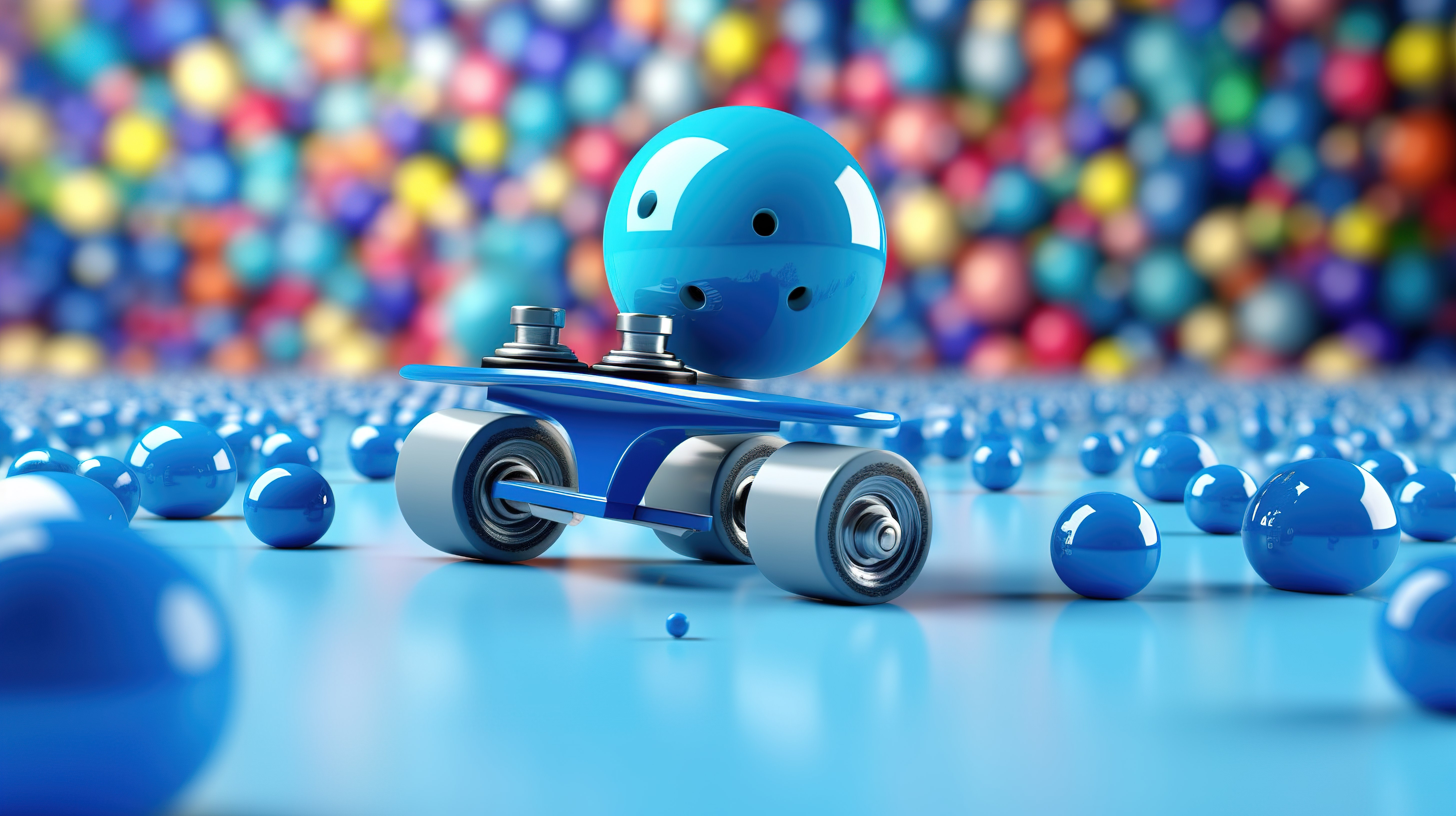 充满活力的蓝色溜冰鞋和滑板被彩色球的海洋包围，引人注目的 3D 渲染图片