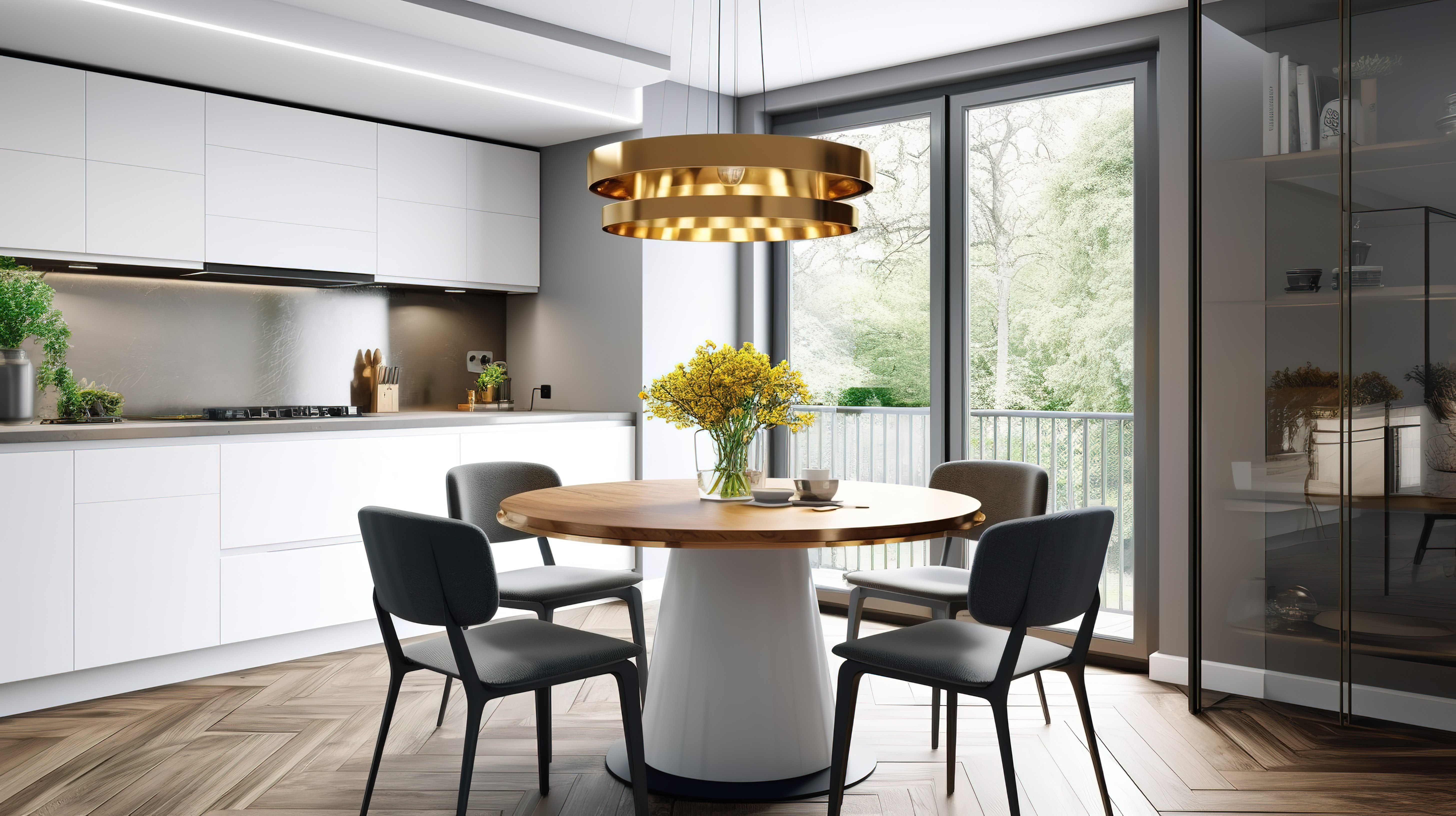 现代厨房内部配有设计师圆形餐桌四把椅子和头顶吊灯 3D 渲染图片