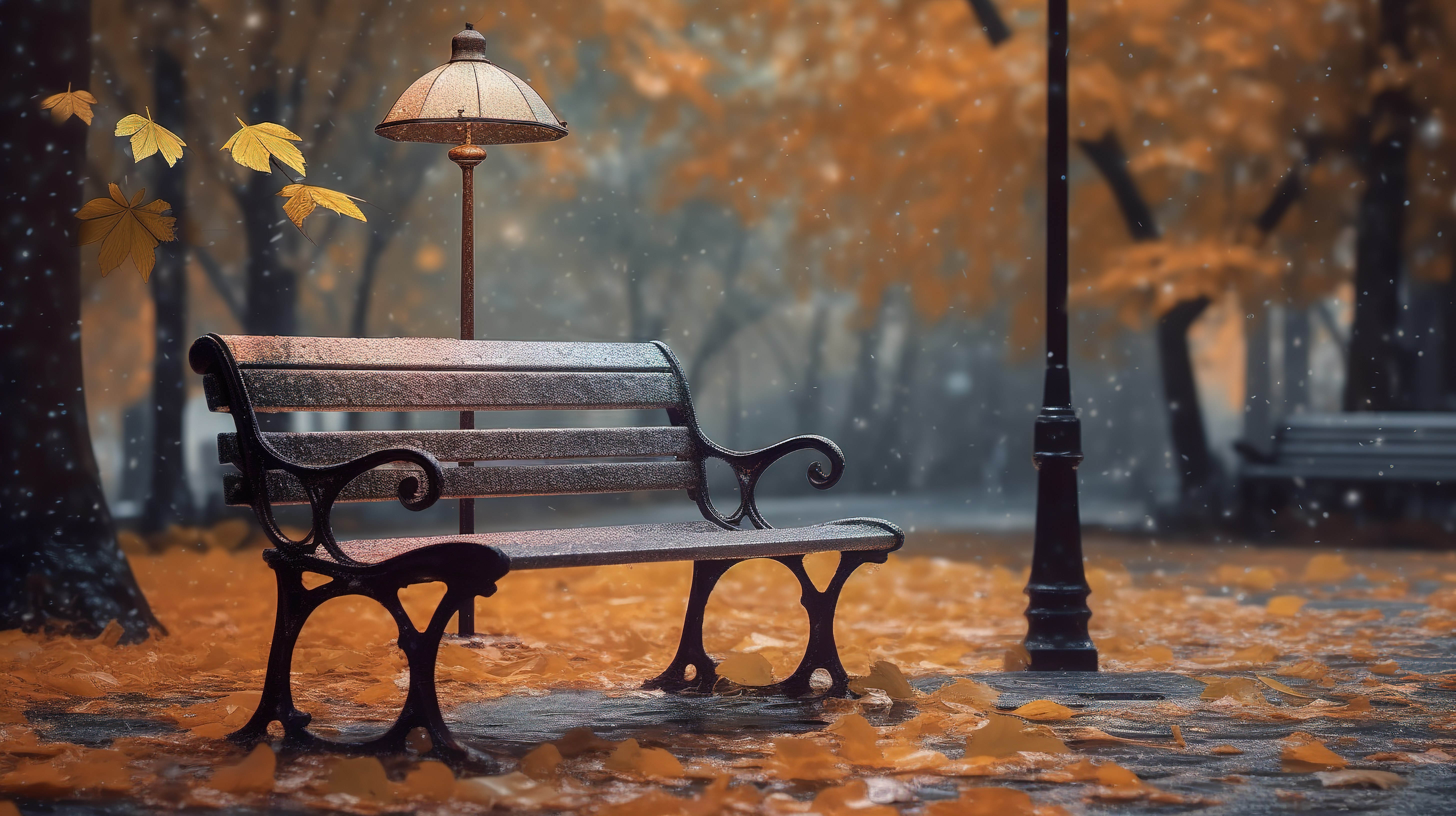 公园秋雨天的灯笼下孤独的长凳 3d 渲染图片