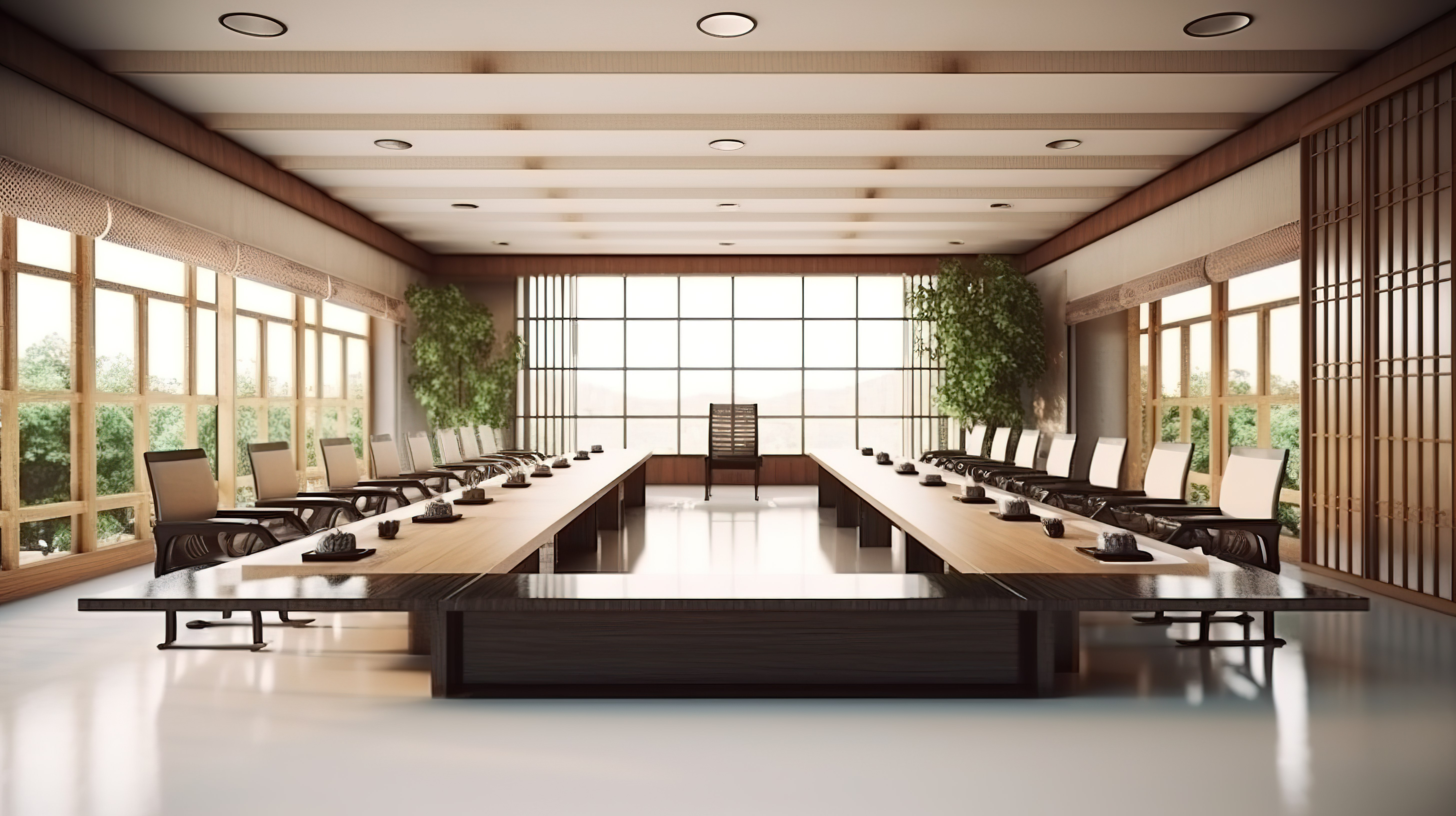 当代日本会议室配有优雅的商务桌 3D 渲染图片