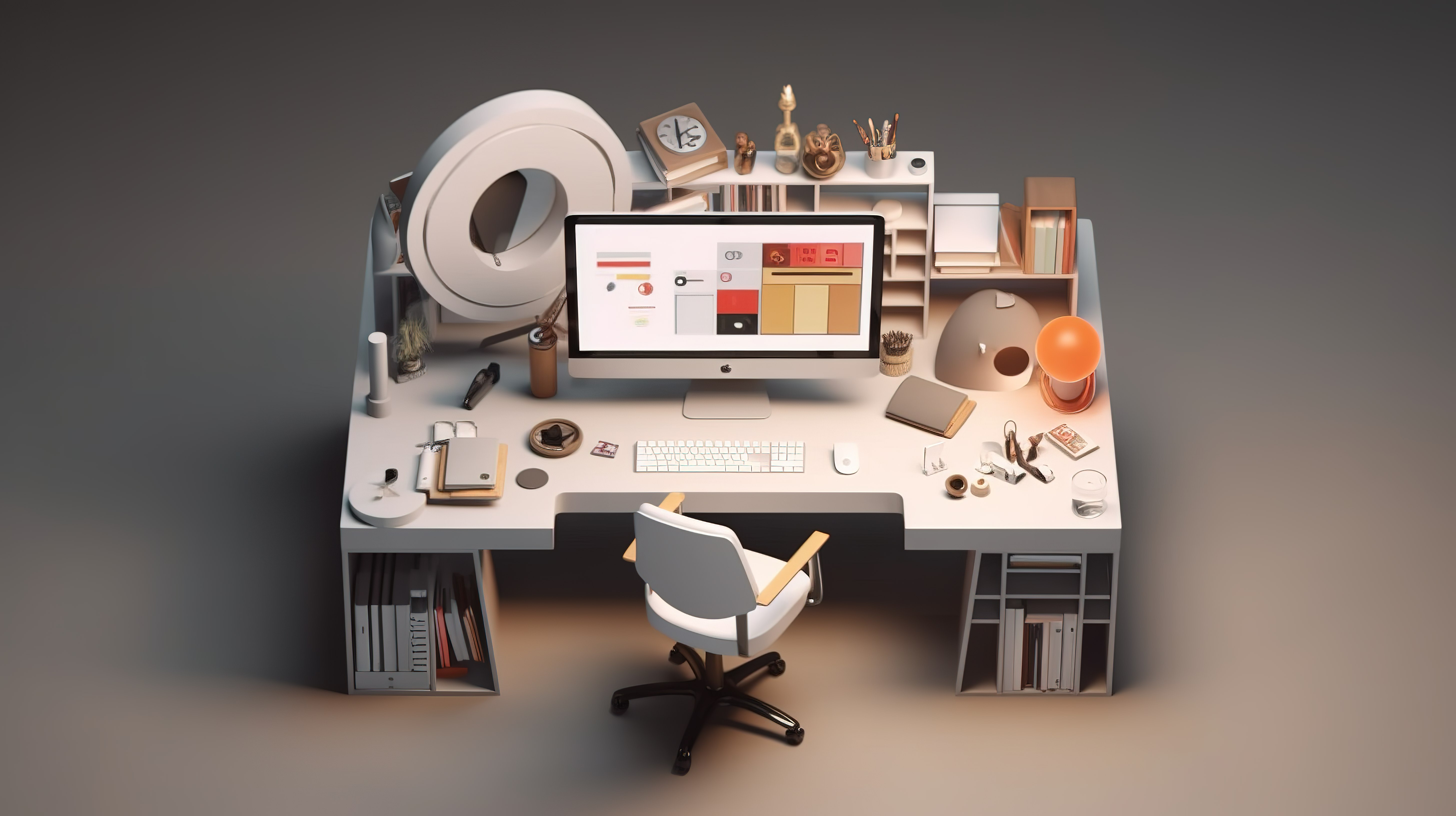 带有技术图标和极简主义办公桌 3D 渲染的时尚办公室内部图片