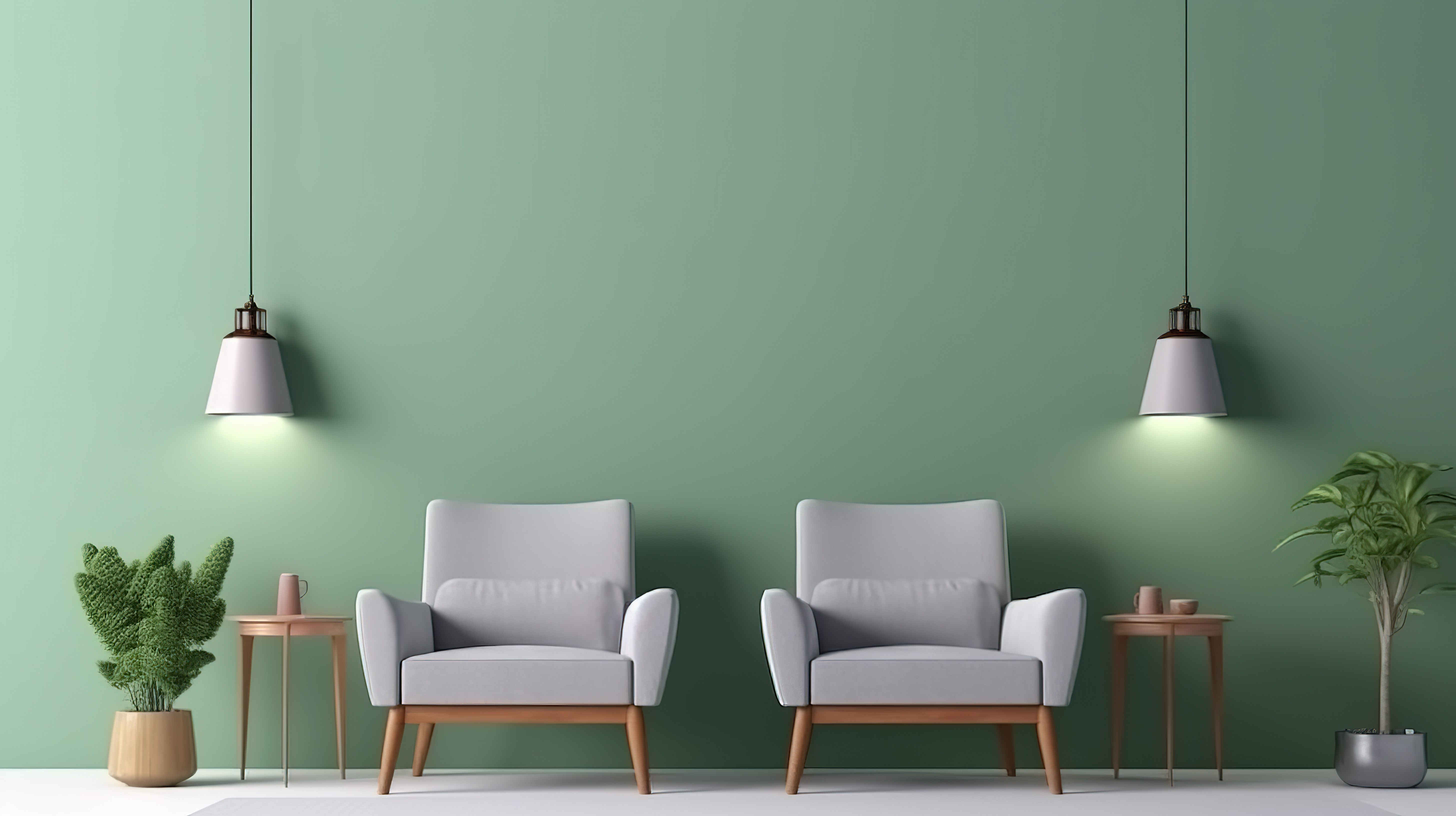 现代室内装饰配有柔软的扶手椅绿色壁灯和植物柔和的模型海报3D 渲染图片