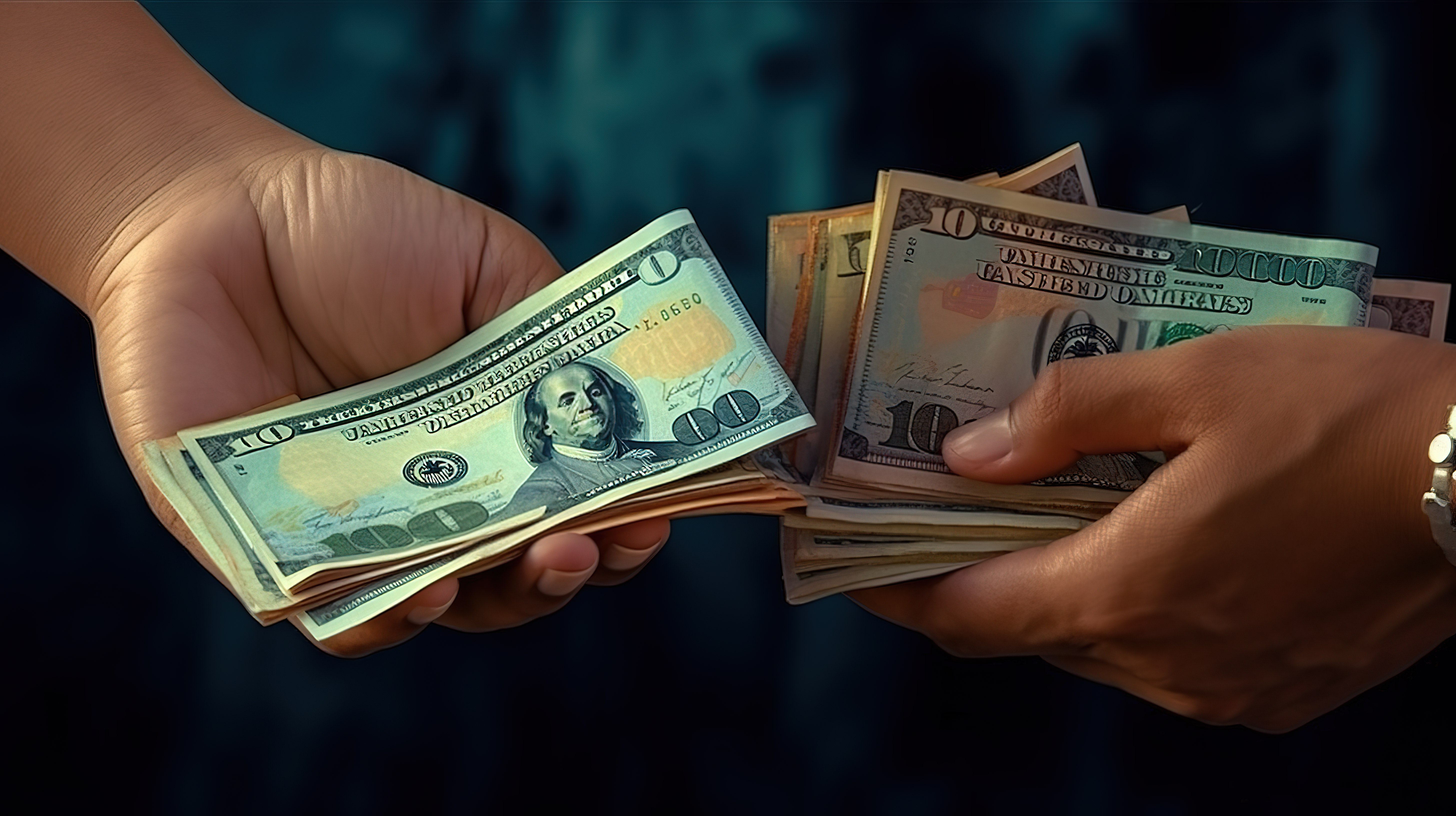 3D 渲染的手提供和接收象征付款或投资的一捆现金图片