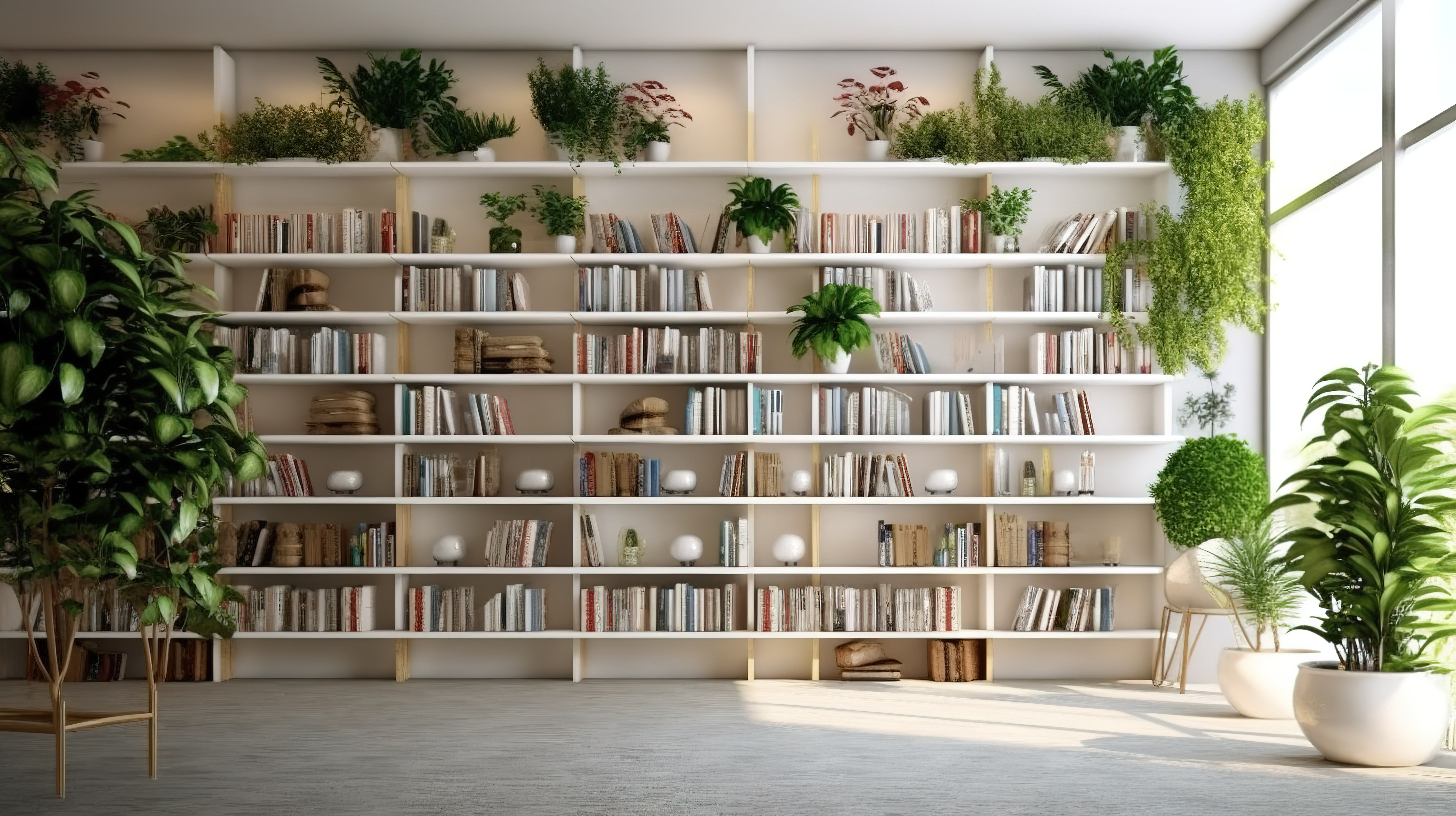 当代图书天堂 3D 渲染图书馆，别致的书架设计和清新的绿色植物图片