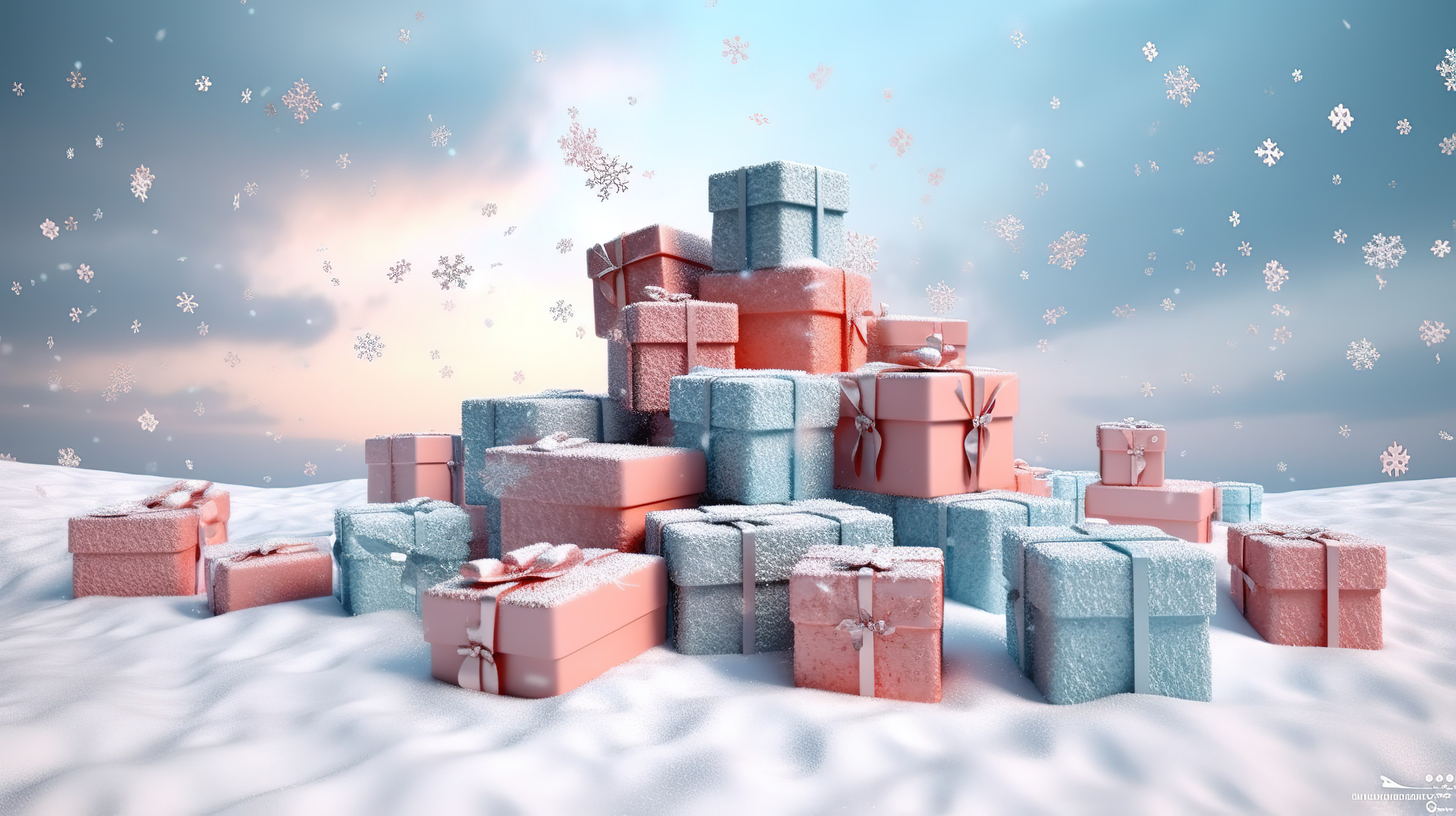 节日贺卡背景以雪花和 3D 创建的礼物为特色图片