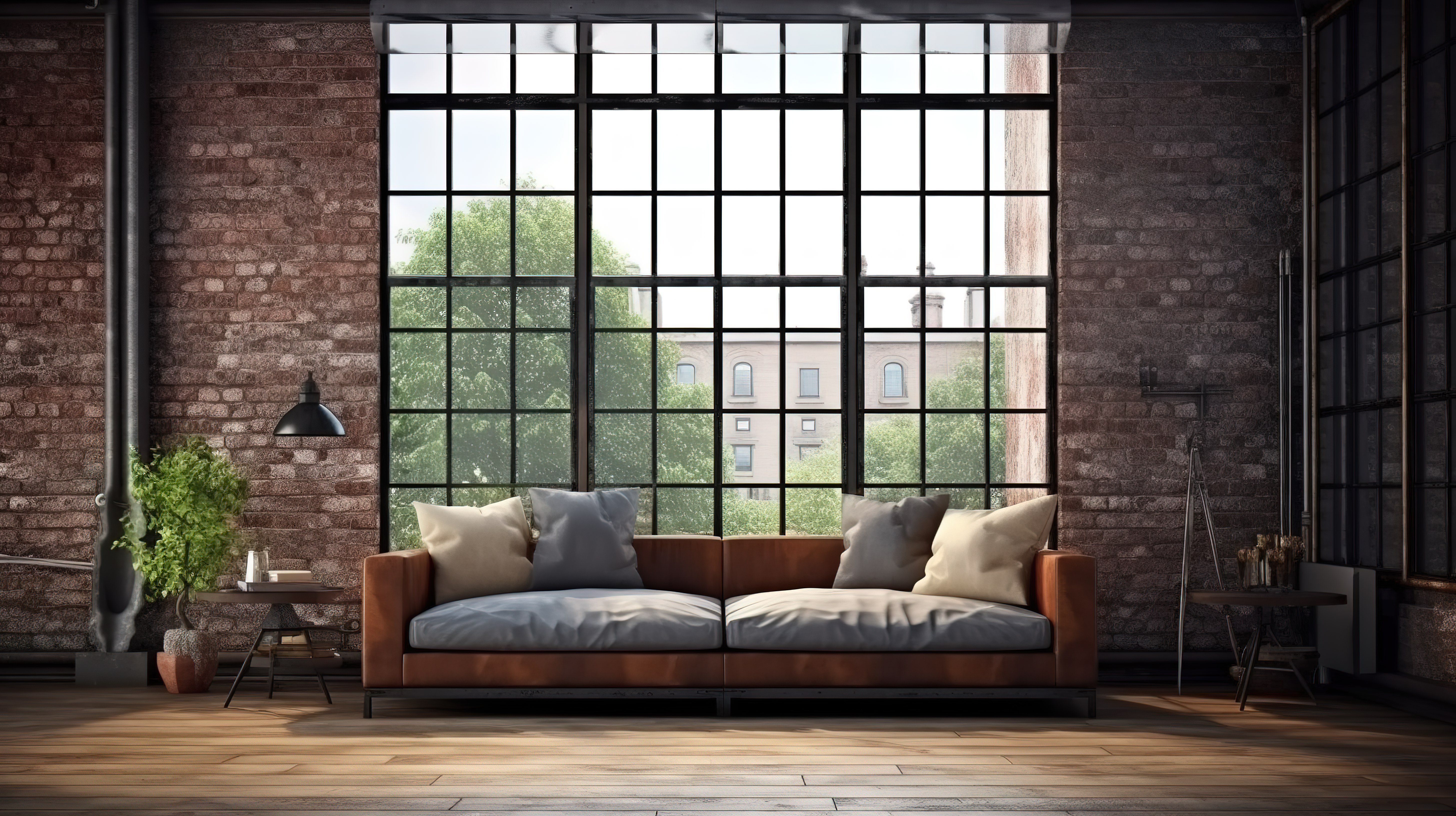 3D 渲染的阁楼客厅里时尚的沙发，视野开阔图片