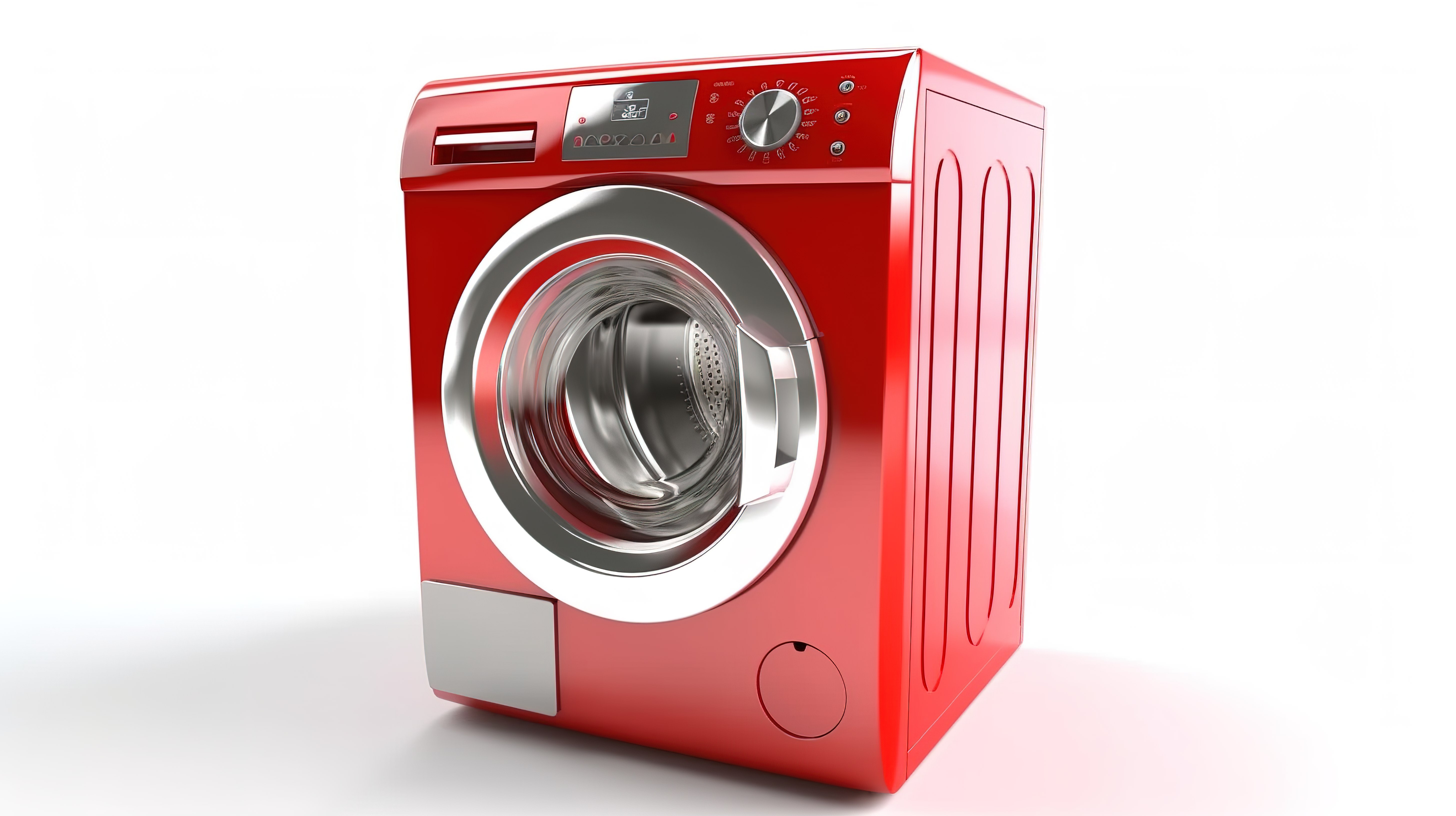 白色背景 3D 渲染高品质洗衣机，饰有红丝带图片