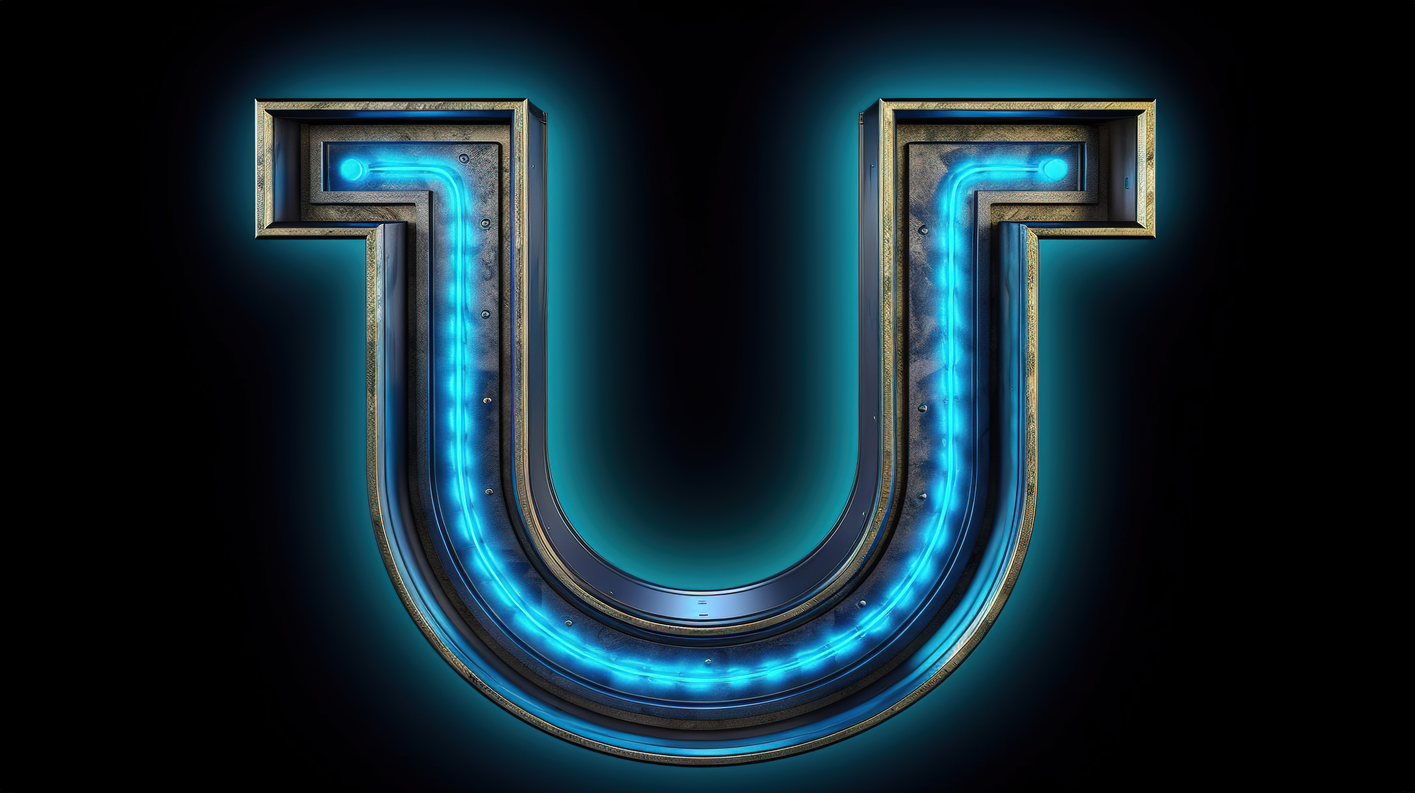 字母 u 的未来金属字体在 3D 渲染中用蓝色霓虹灯照亮图片