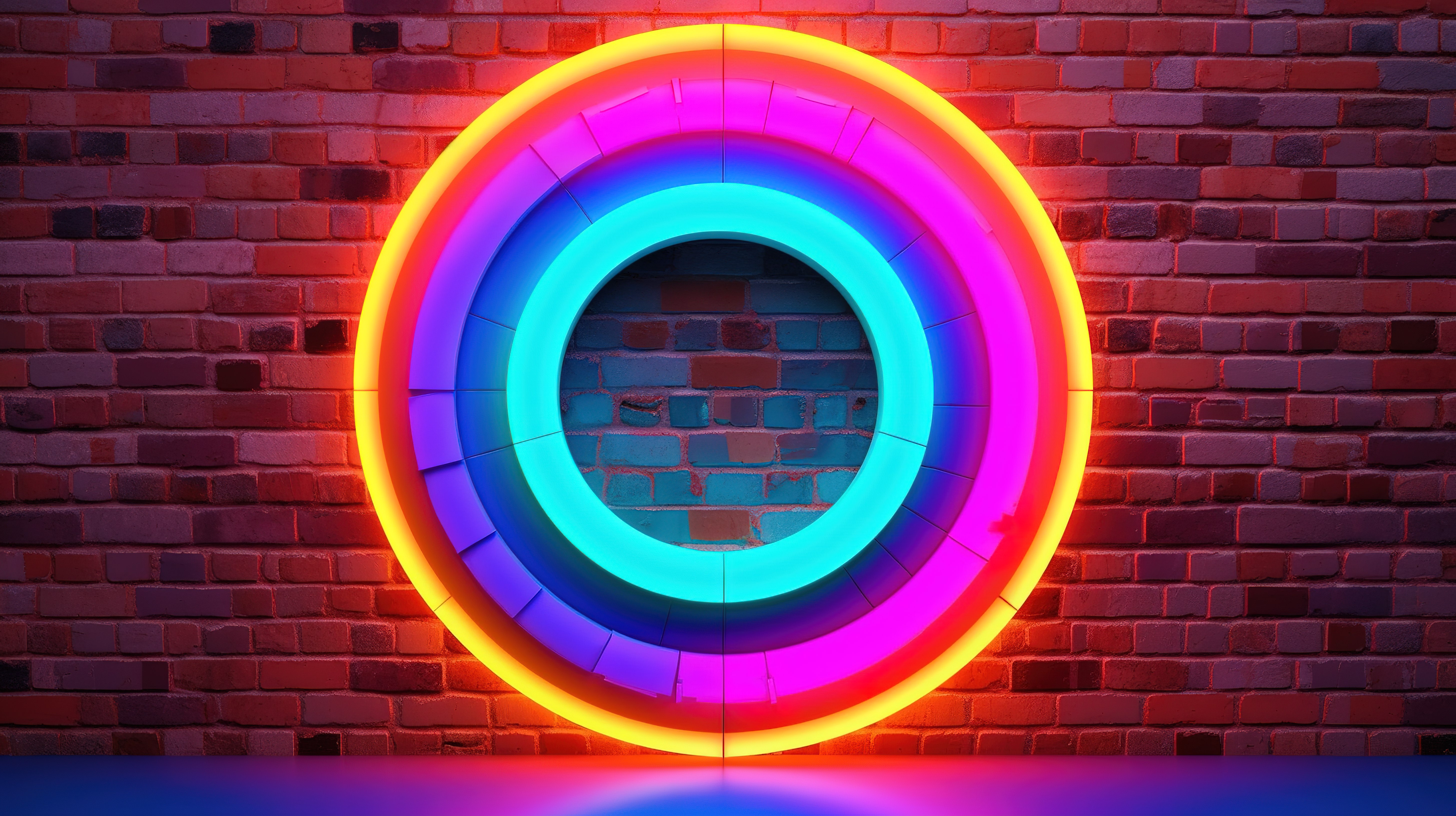 霓虹灯照明的砖墙是一个抽象的 3D 渲染插图，带有鲜艳的光谱颜色的发光圆圈图片