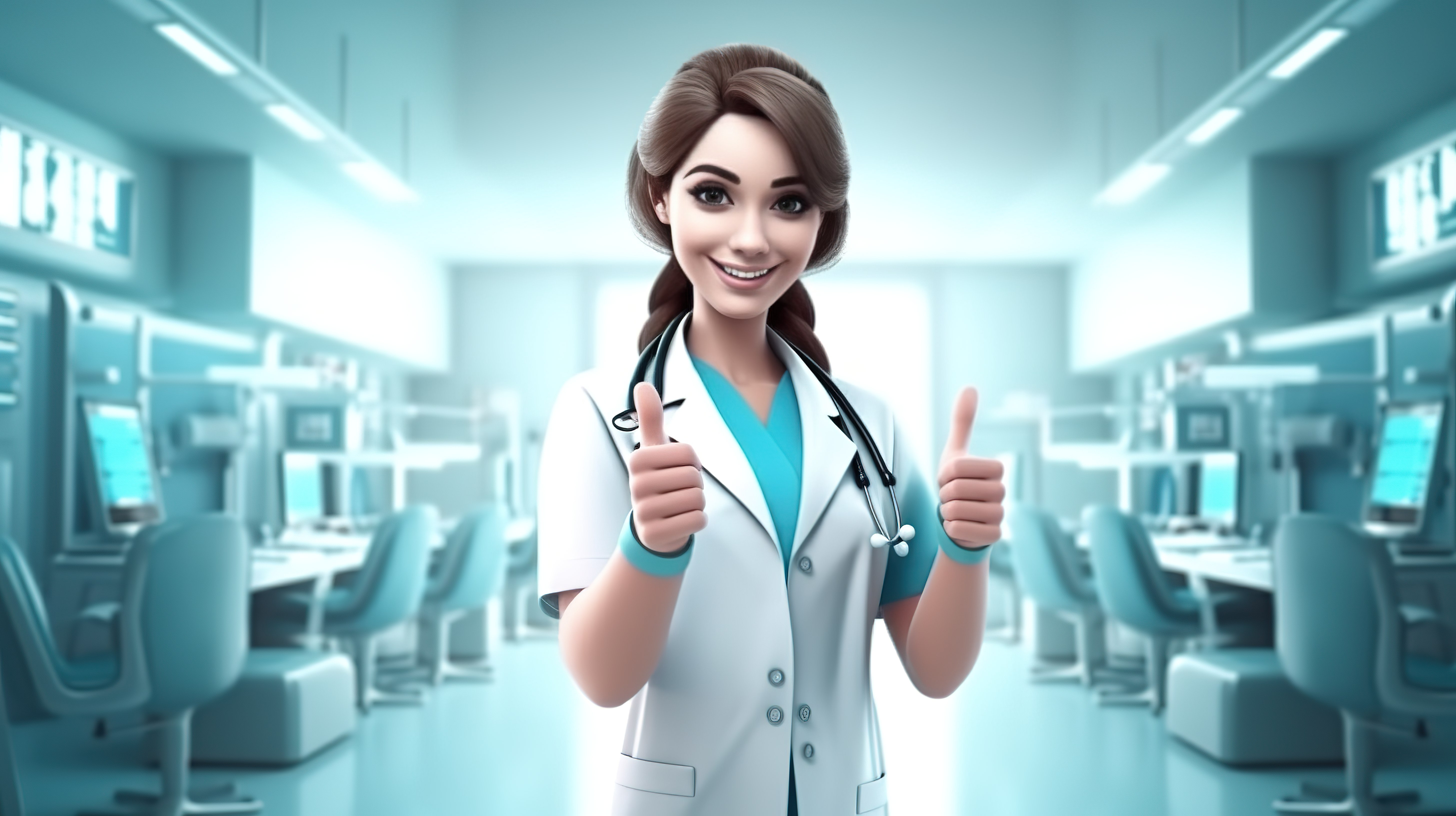 成功的女医生在医院内部卡通风格的 3D 渲染中竖起大拇指图片