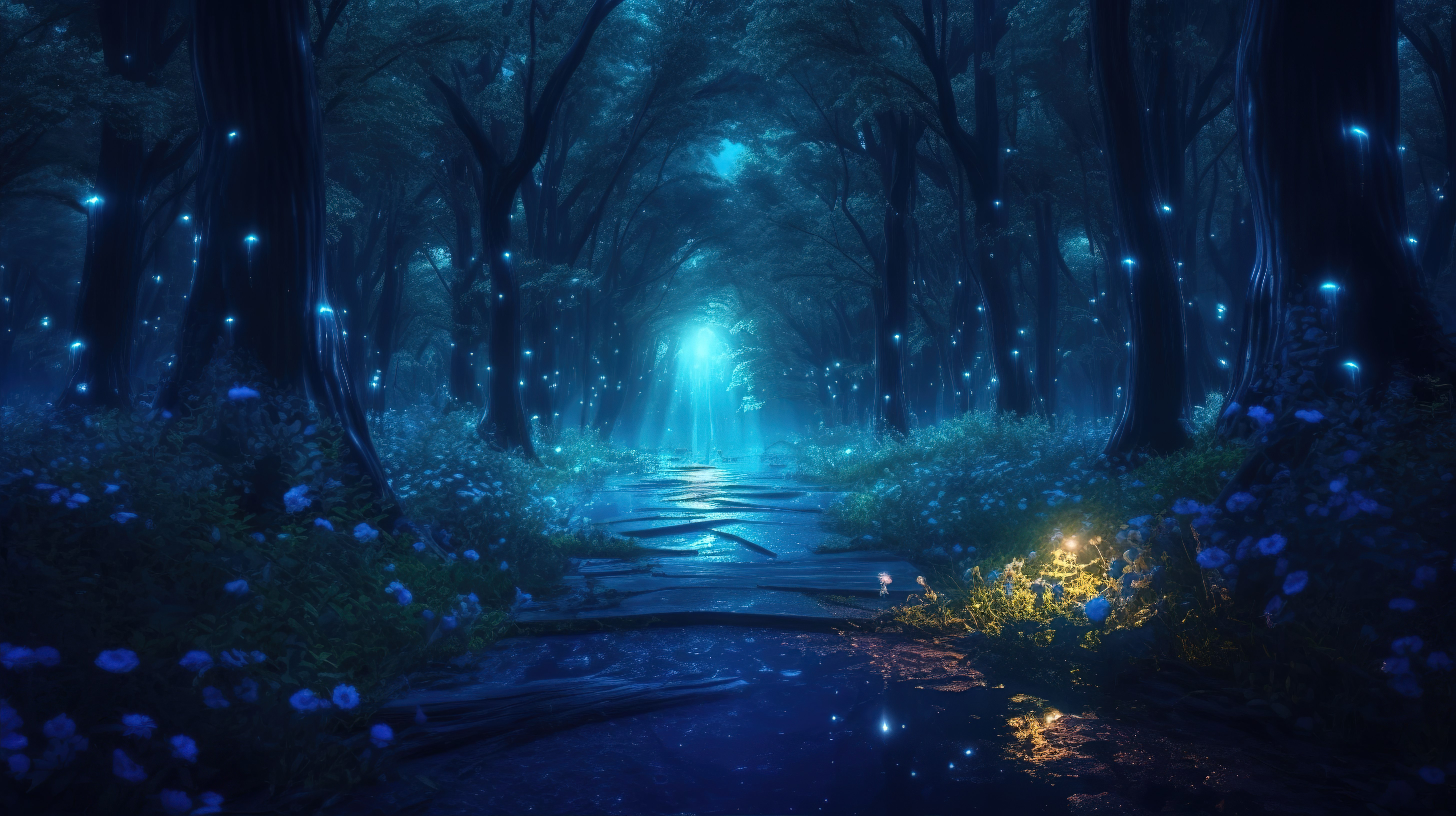 迷人的蓝色小径照亮了夜晚的黑暗森林广场3D数字艺术图片