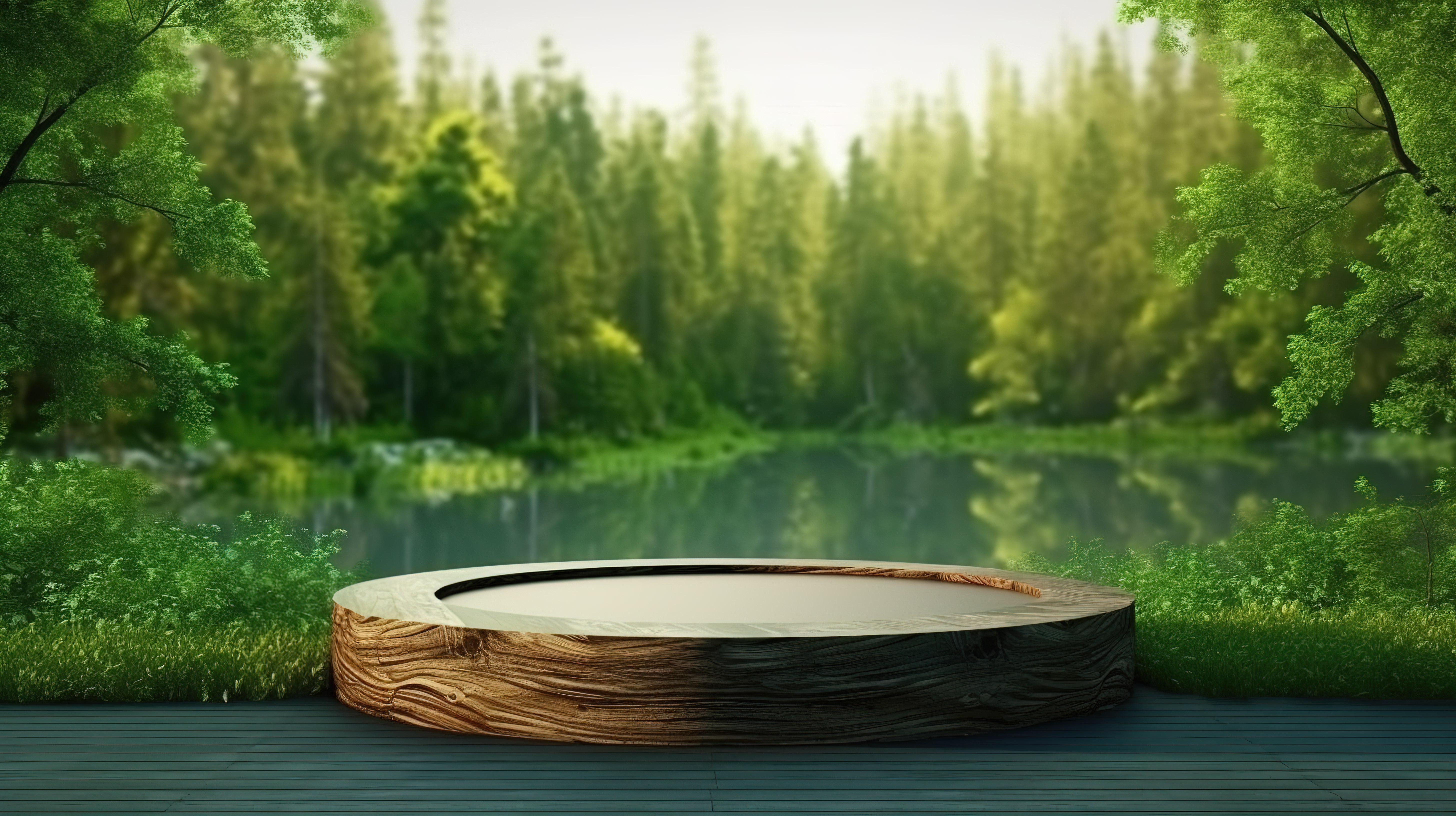 木质底座的 3D 渲染，俯瞰宁静的湖泊和郁郁葱葱的绿色森林，夏季绿草背景图片