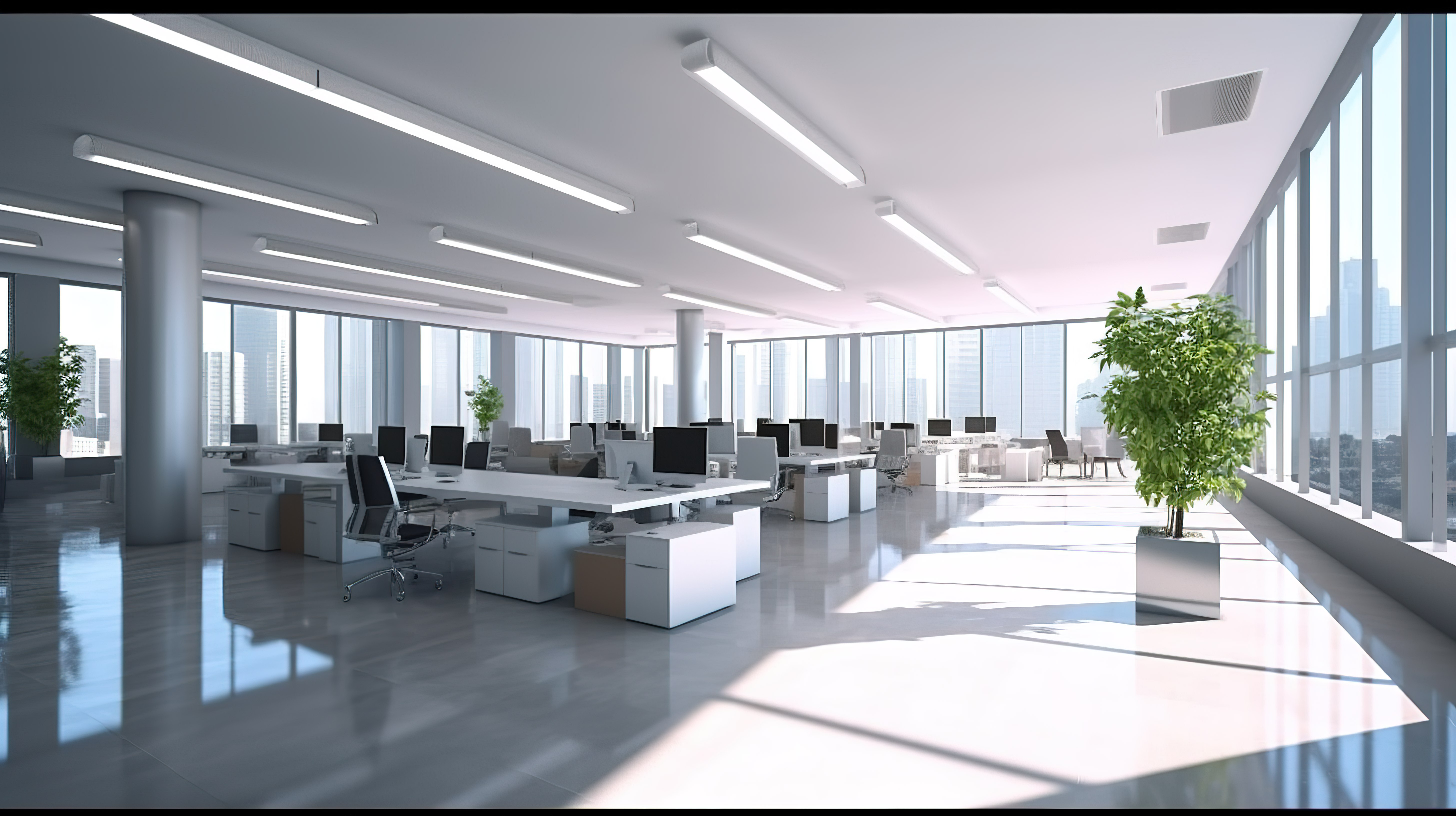 宽敞开放的办公室环境的真实 3D 渲染图片