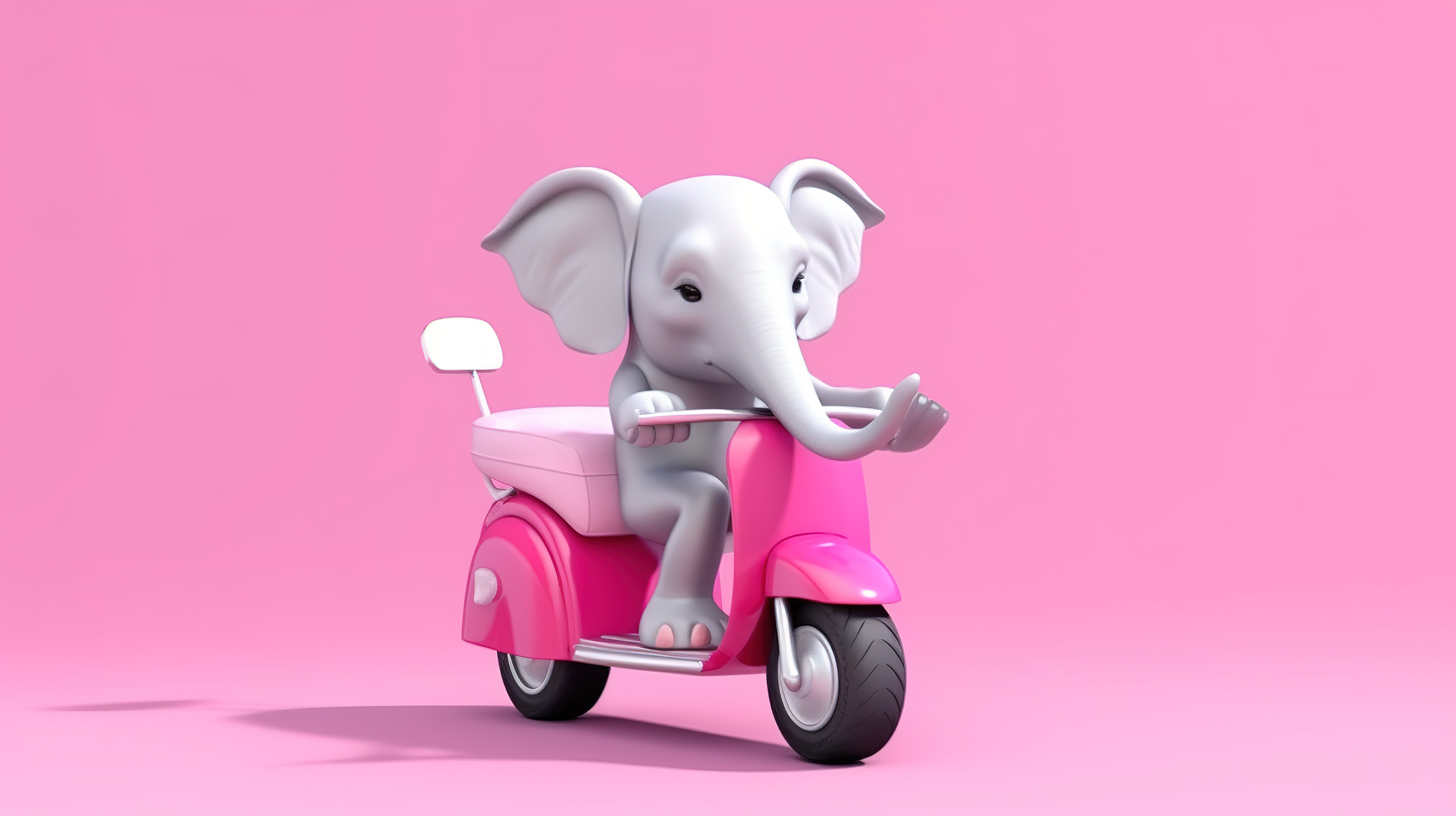 俏皮的 3D 粉色大象骑着摩托车，举着牌子图片