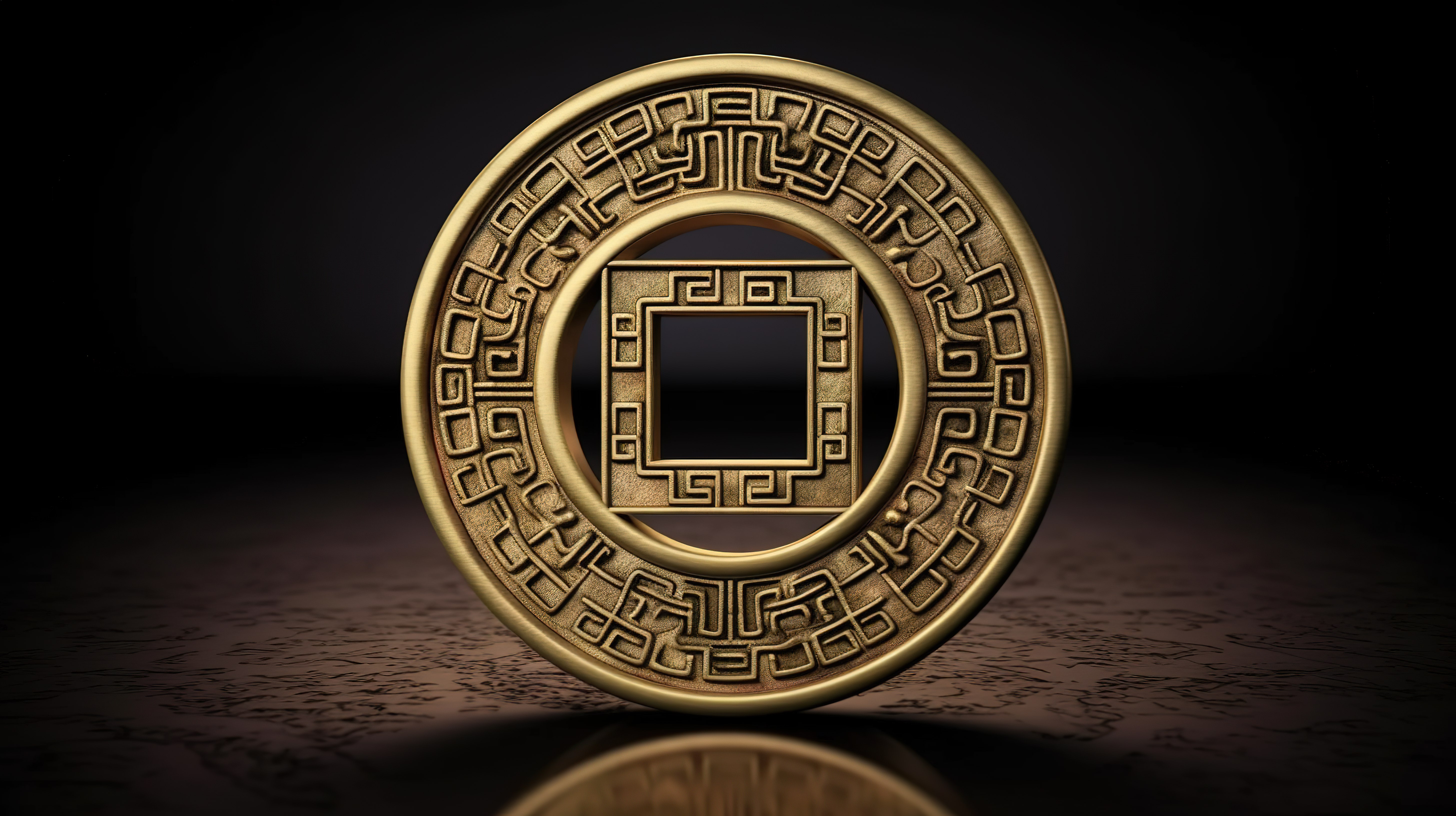 中国古钱币的真实 3D 插图，由金制成，具有圆形形状和中心的方孔图片