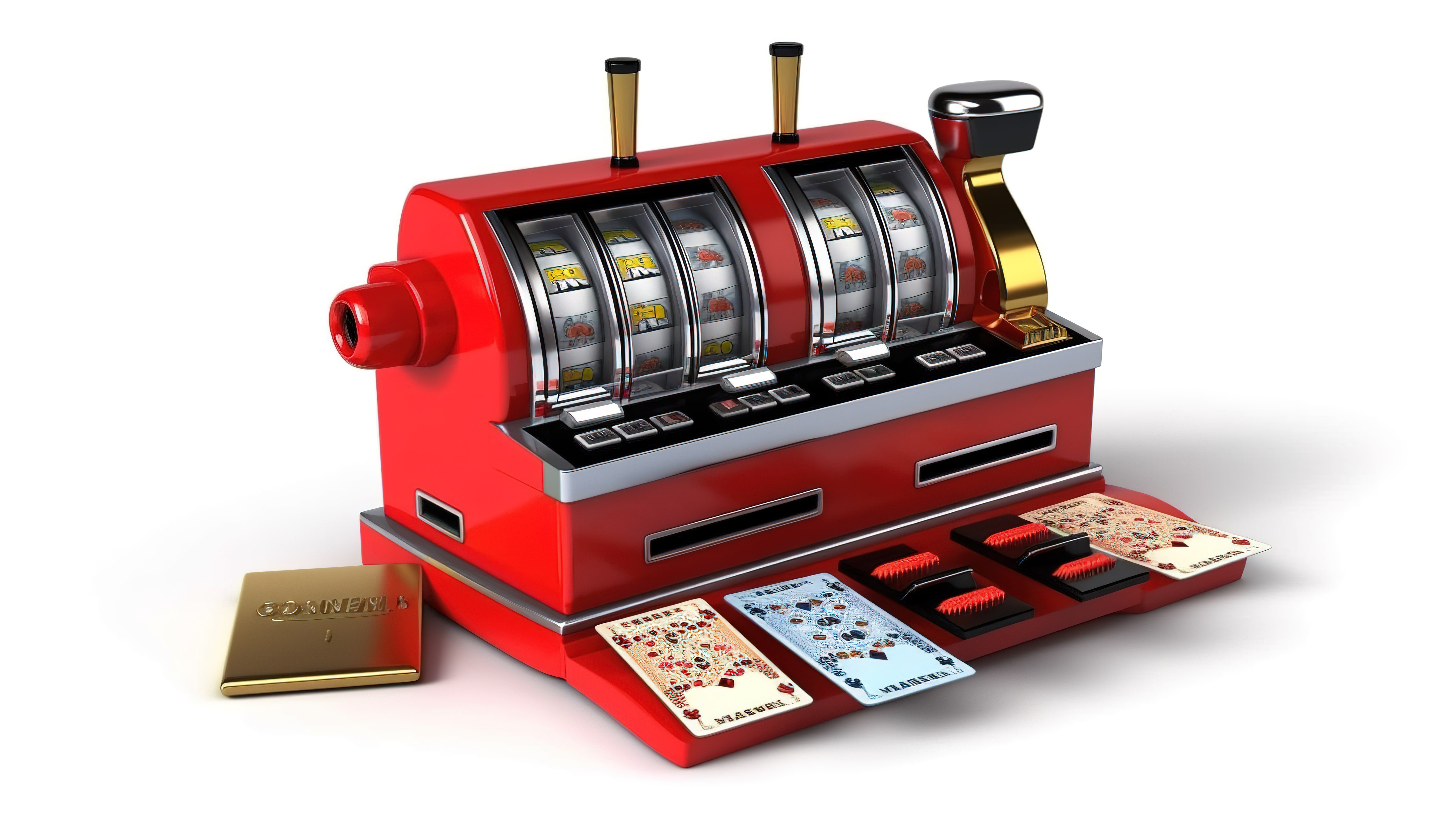 银行卡与老虎机和赌场主题配件集成在 3D 插图中包括剪切路径图片