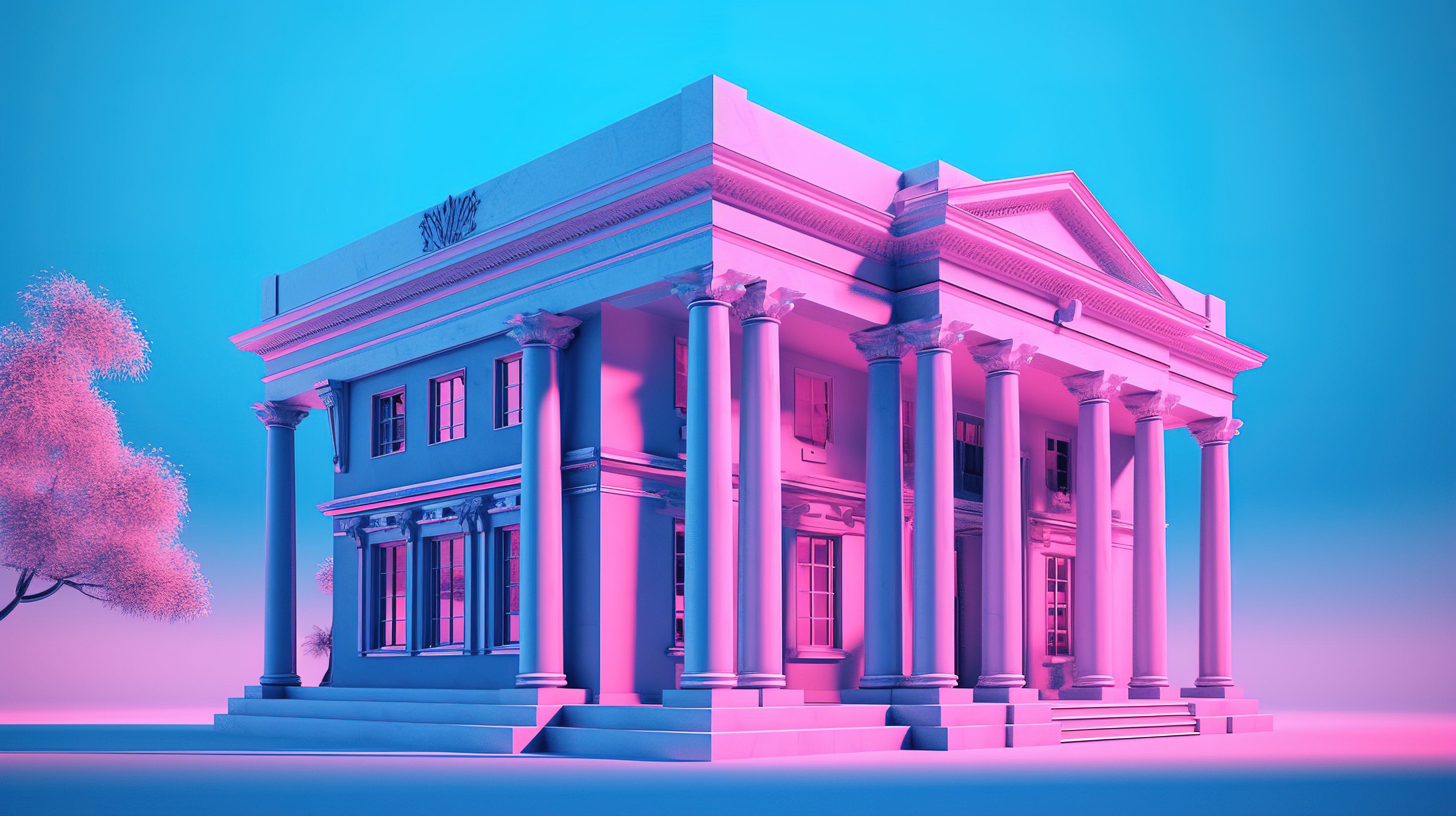 蓝色背景，带有双色调粉色银行大楼的 3D 渲染图片