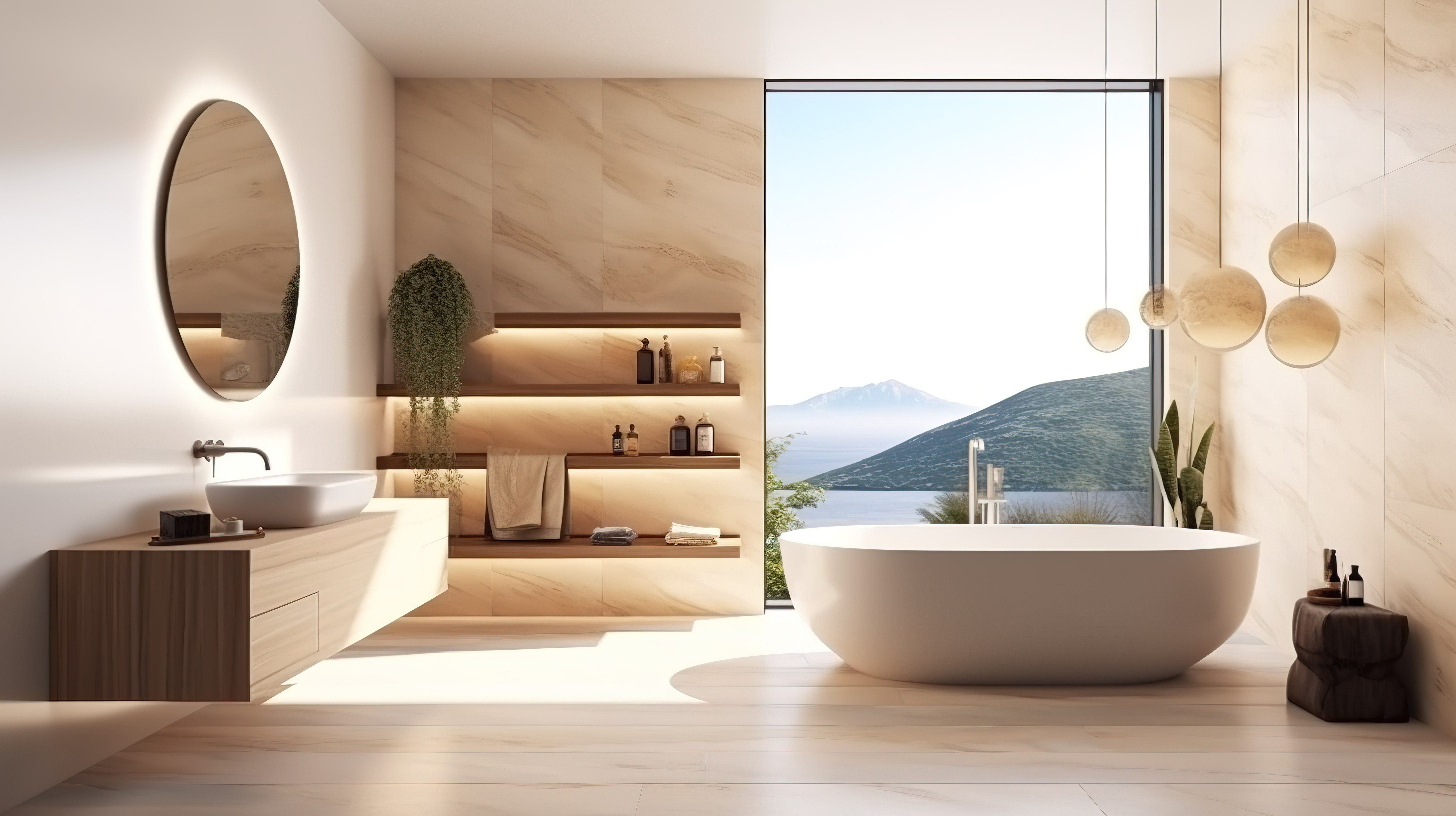 时尚而精致的 3D 渲染现代豪华浴室配有木制家具镜面水槽浴缸和自然光图片