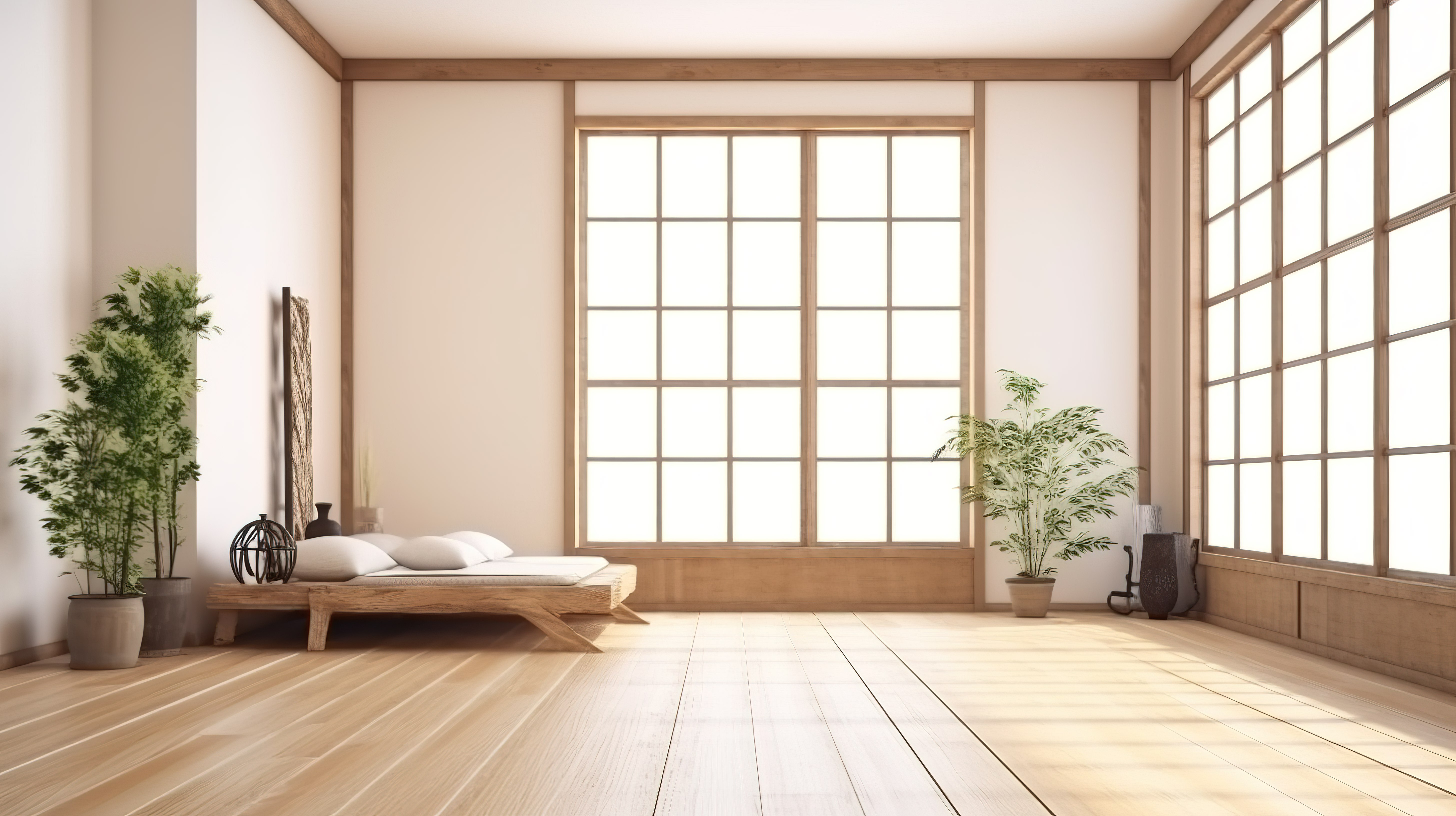 日式卧室室内 3D 渲染木地板与白墙背景图片