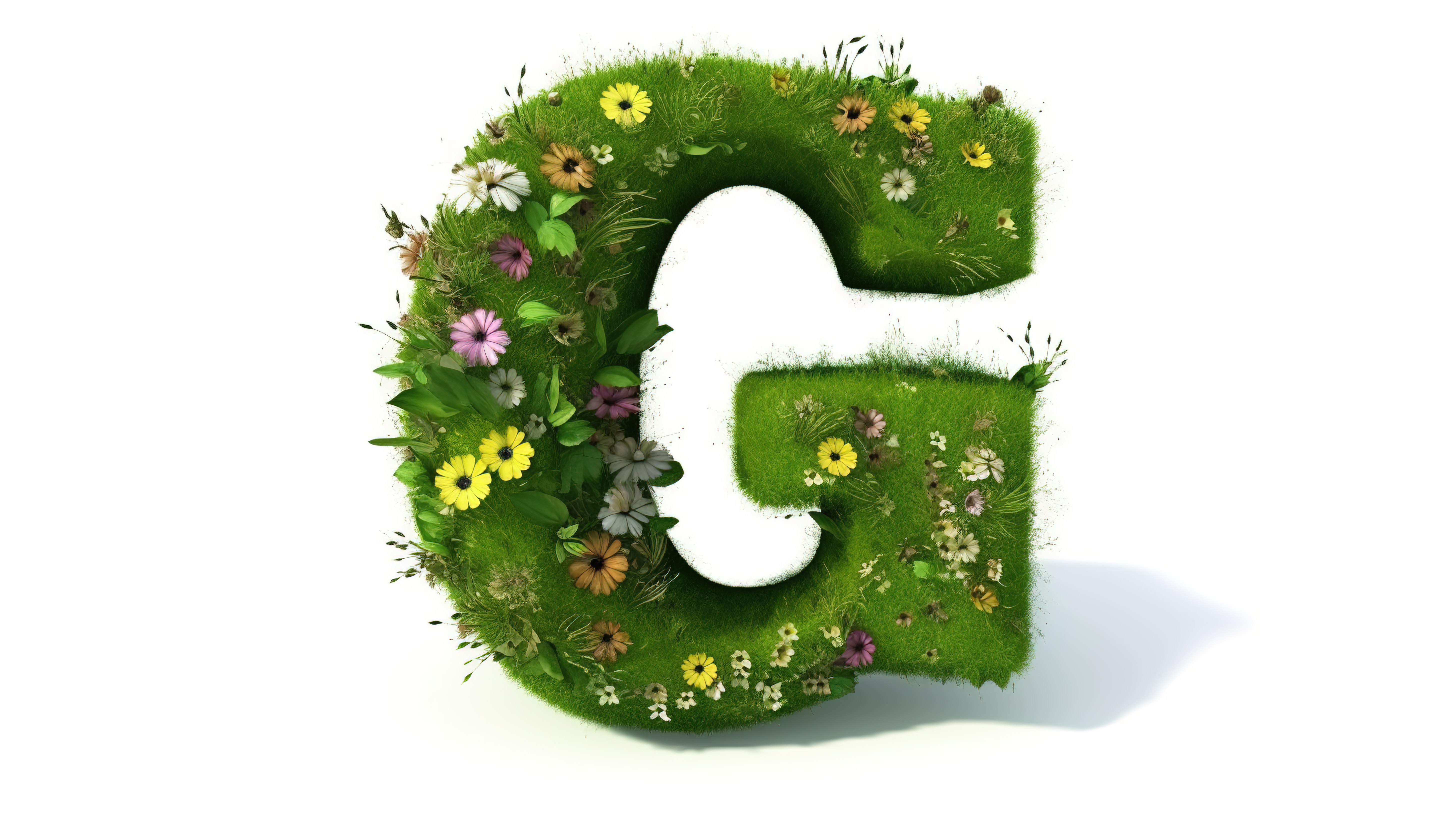 郁郁葱葱的绿草和 3d 渲染中的花卉字母 g图片