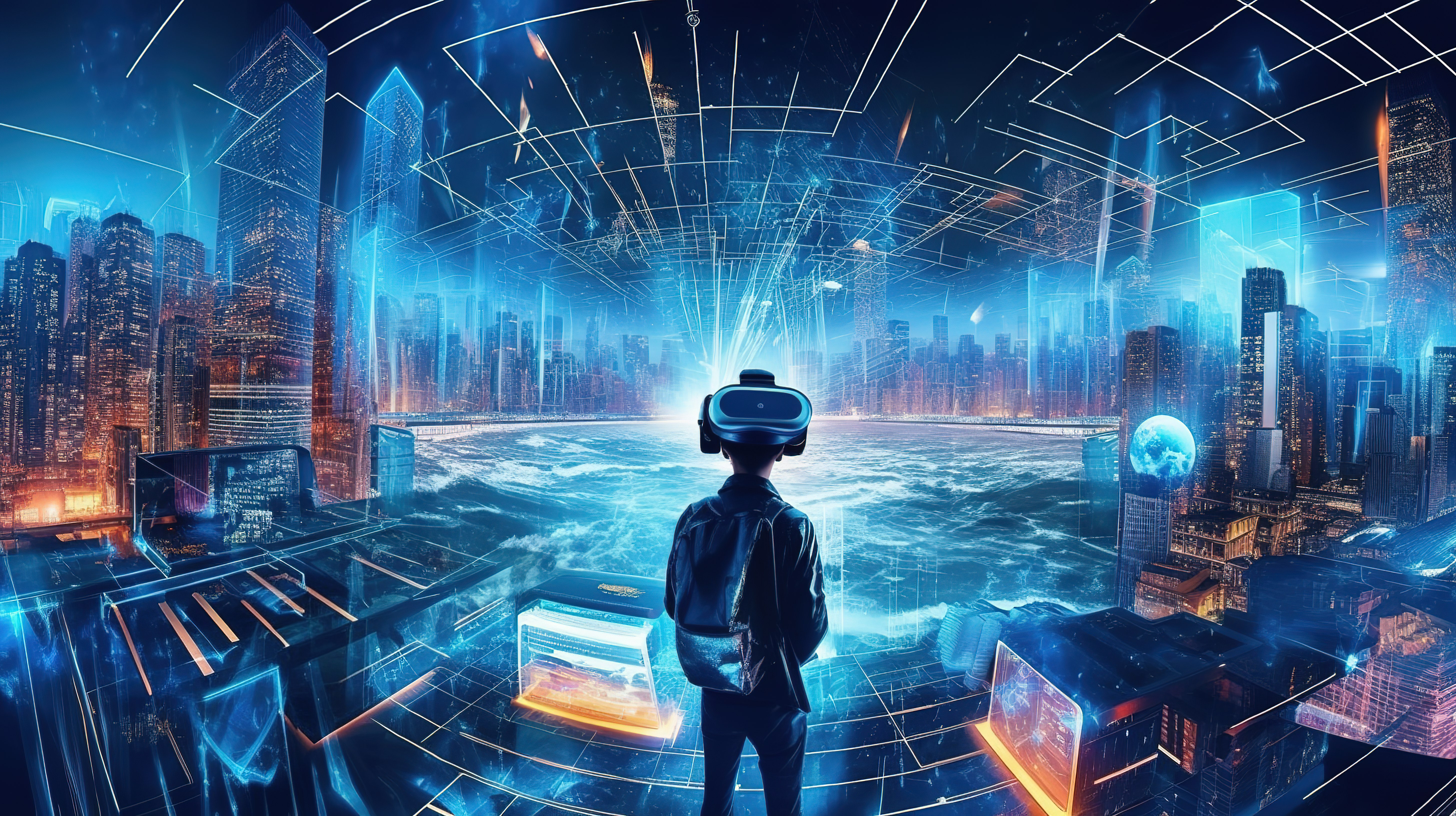 虚拟世界的未来数字沉浸式 VR 和虚拟现实技术 3D 渲染图片
