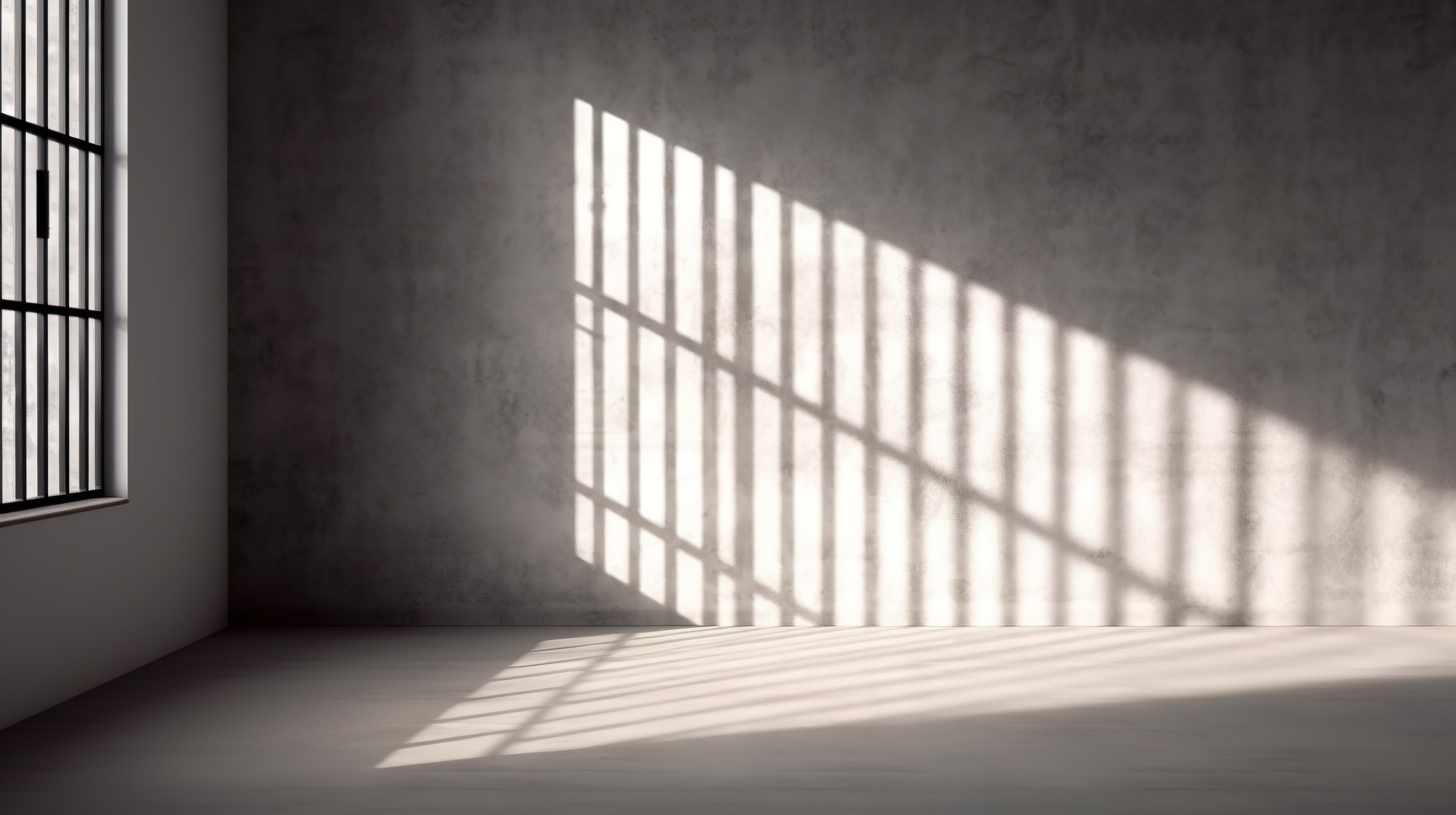 明亮的监狱牢房，带有模糊的字幕，透过 3D 创建的铁栅栏窗户凝视图片