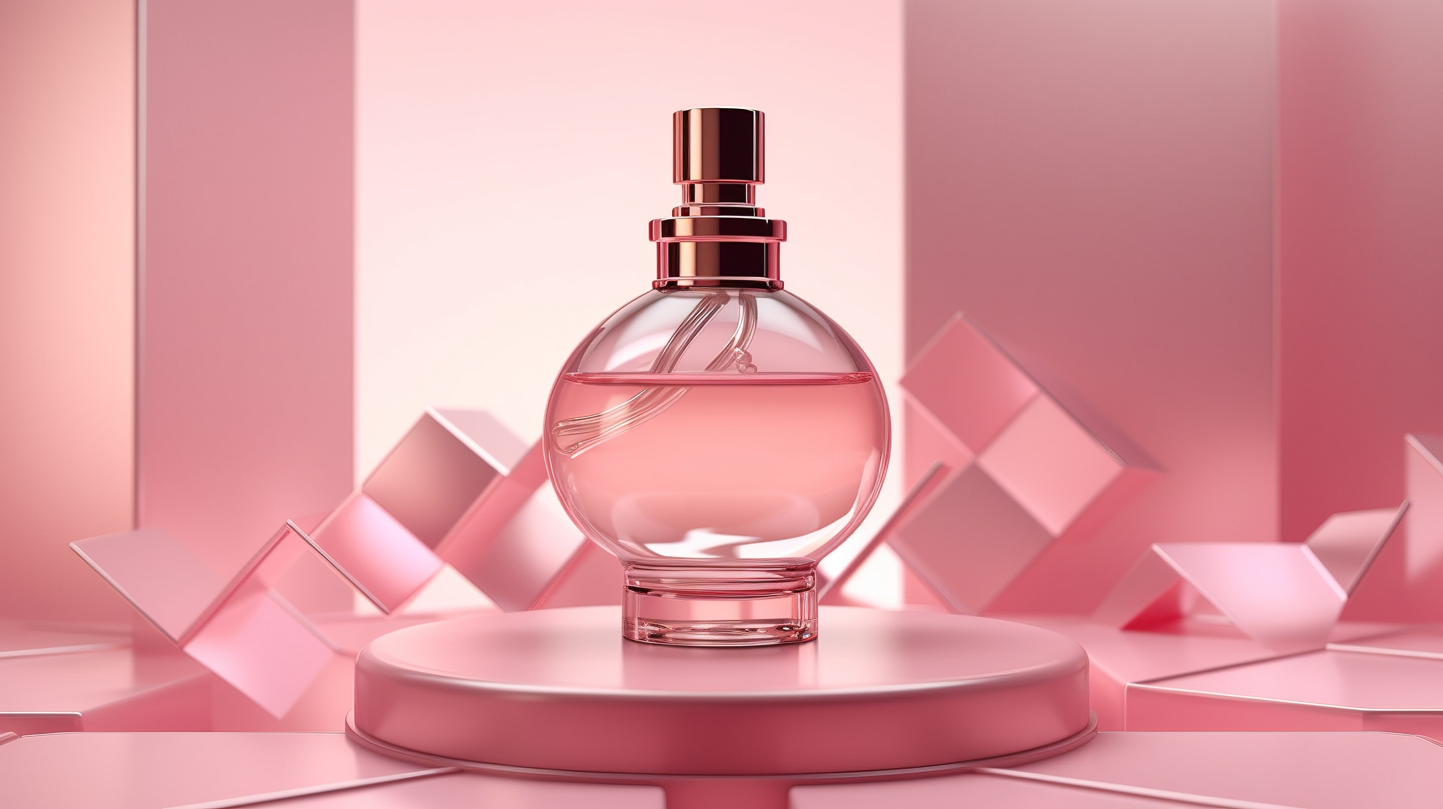 背景中带有抽象几何形状的底座上粉红色香水瓶的 3D 渲染图片