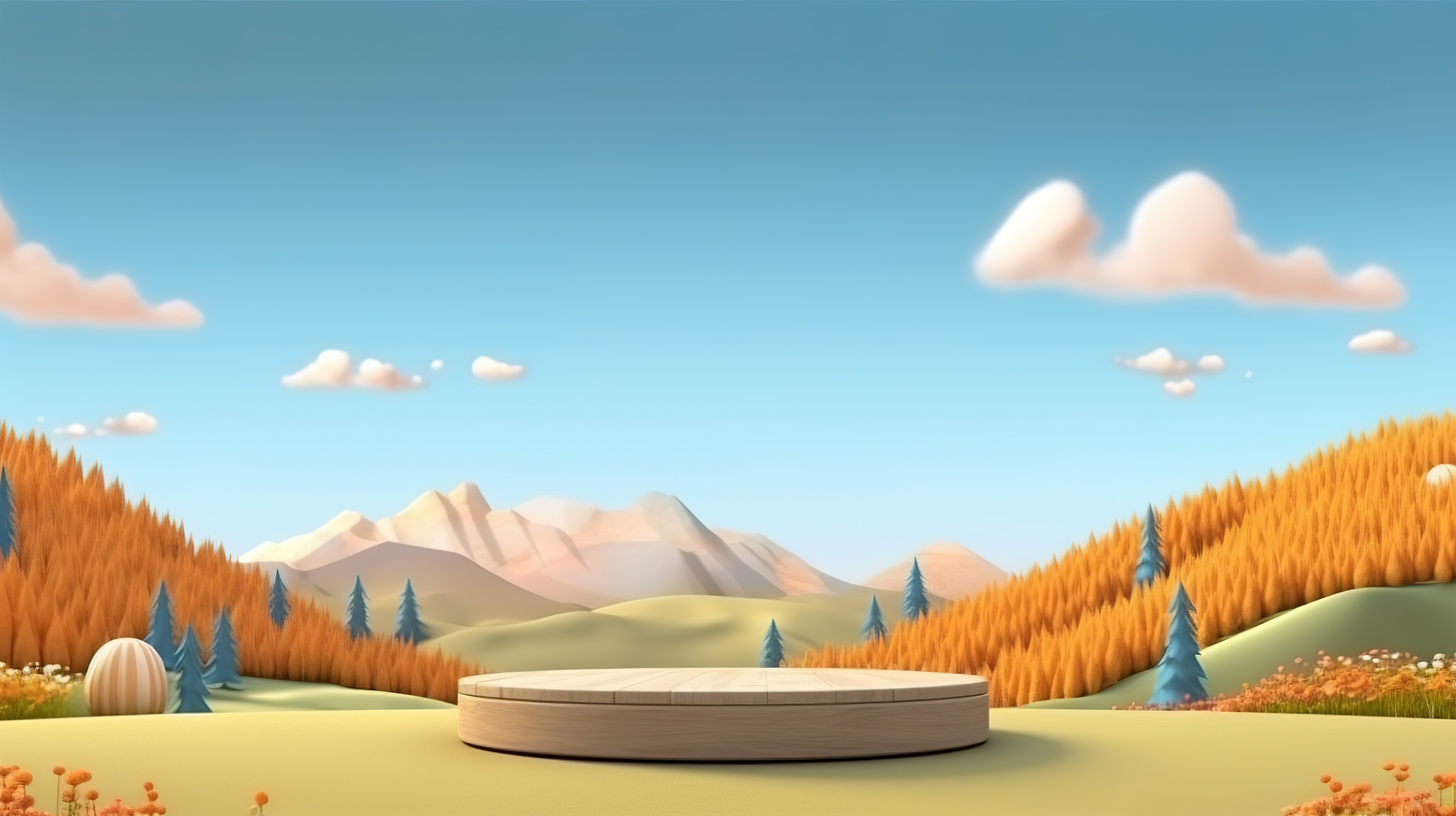 风景秀丽的秋季乡村的 3D 渲染，带有卡通讲台山草甸和清澈的蓝天图片