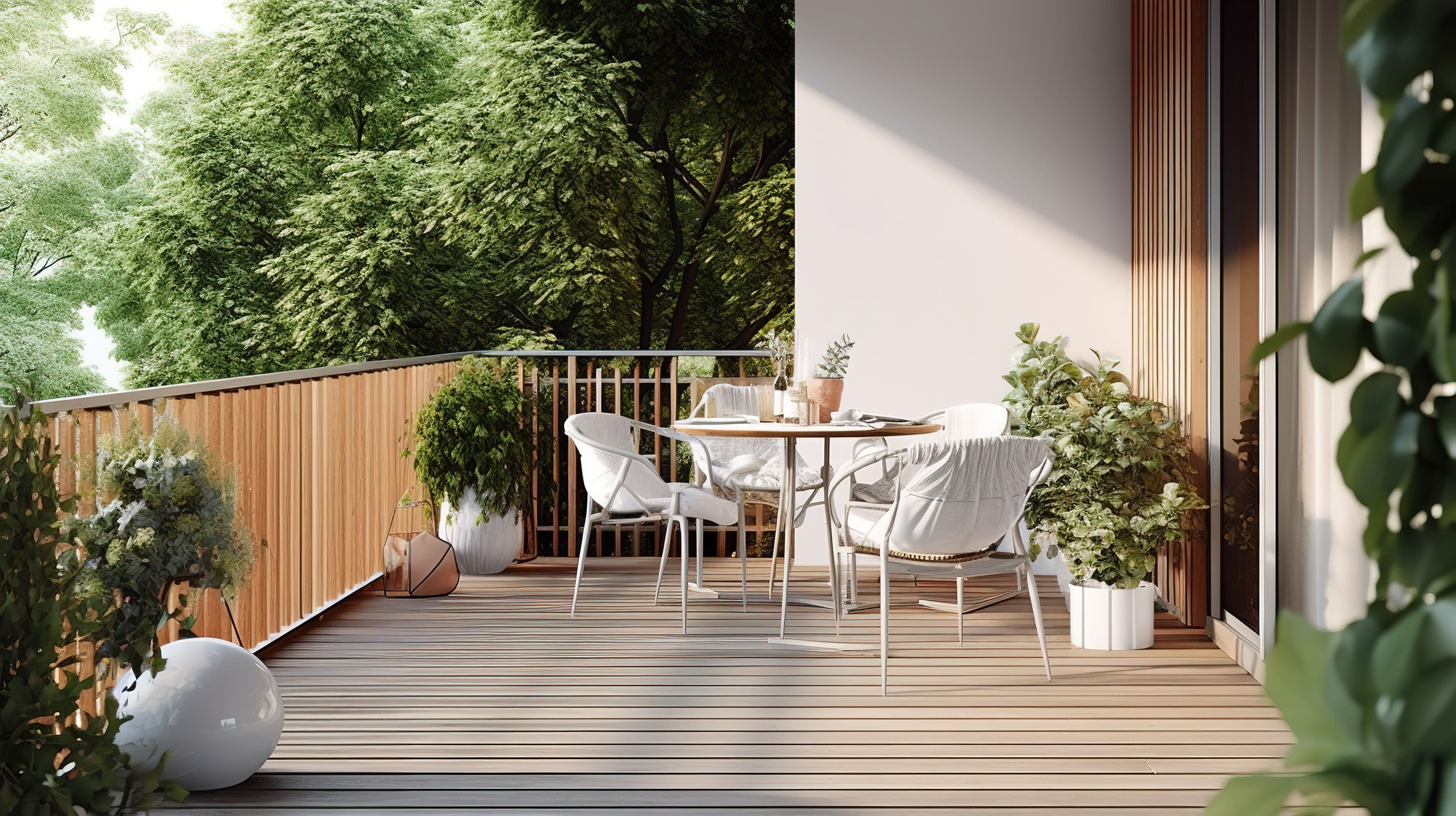 斯堪的纳维亚风格的现代阳台的 3D 渲染图，配有户外餐桌和露台图片
