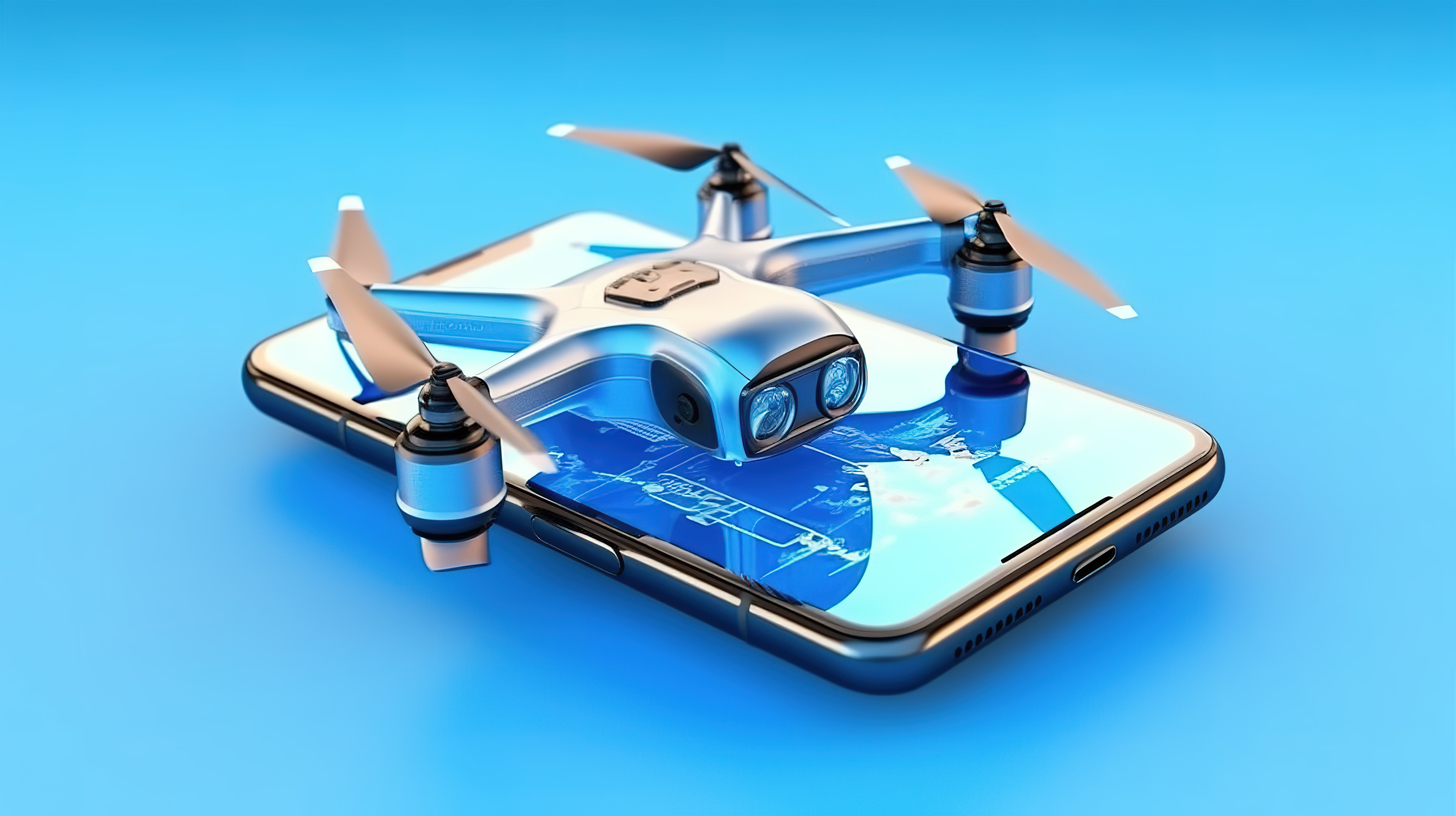 从手机触摸屏发射多旋翼相机无人机的 3D 渲染，蓝色背景上带有直升机标志图片