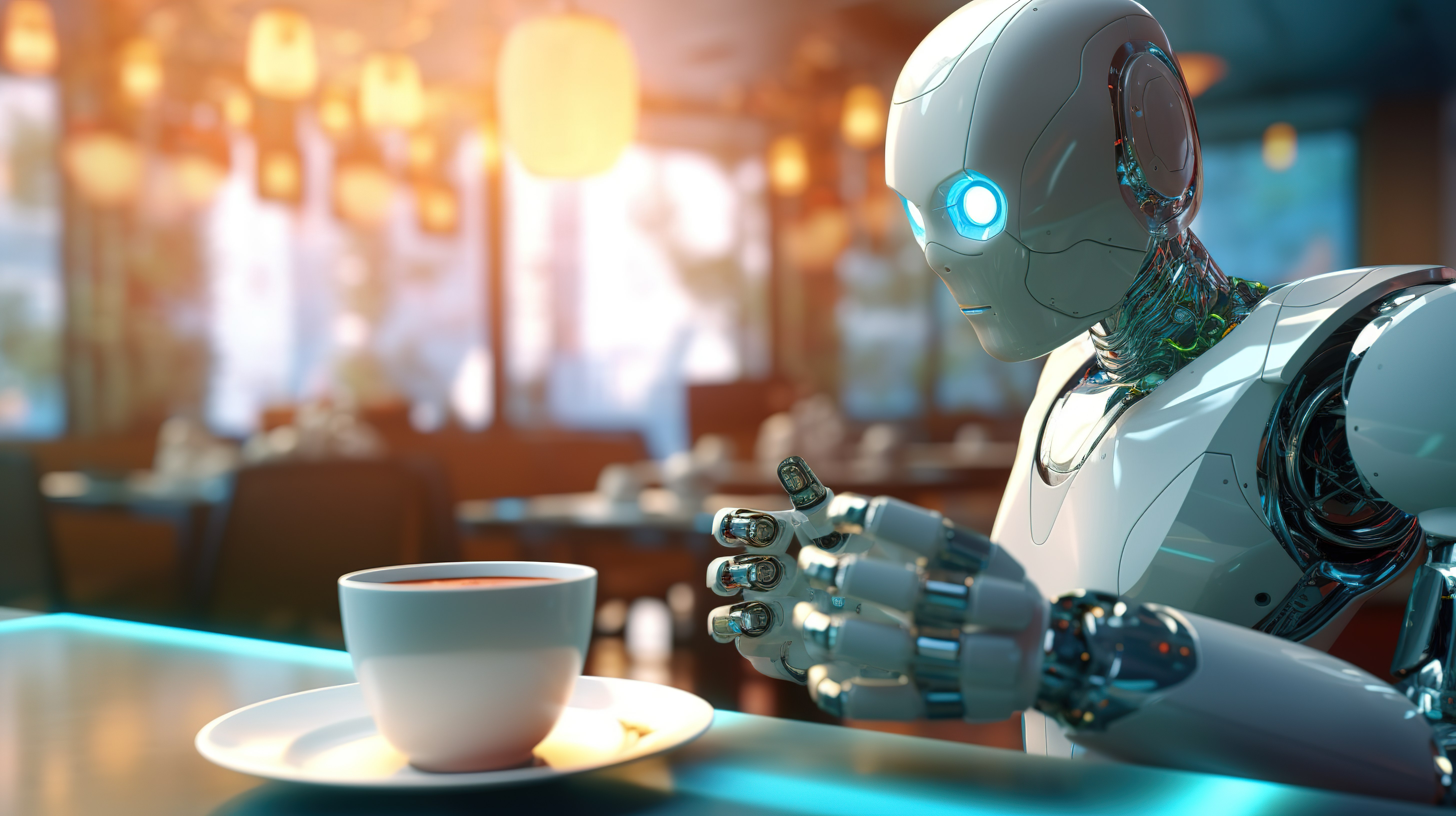 自动化餐厅概念中服务员机器人提供咖啡的 3D 渲染图片