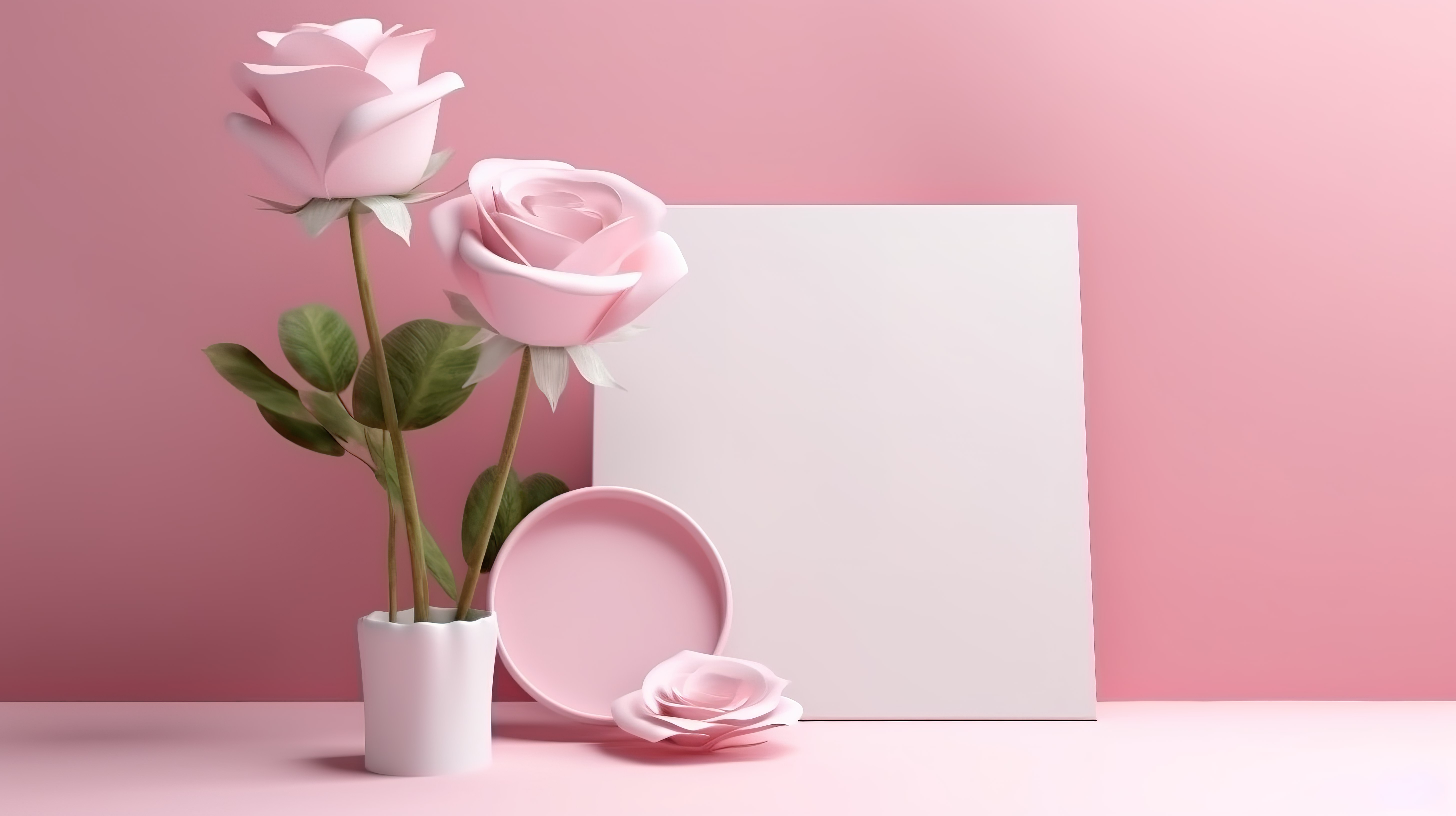 用粉红玫瑰和空白白皮书渲染情人节概念的 3D 渲染图片