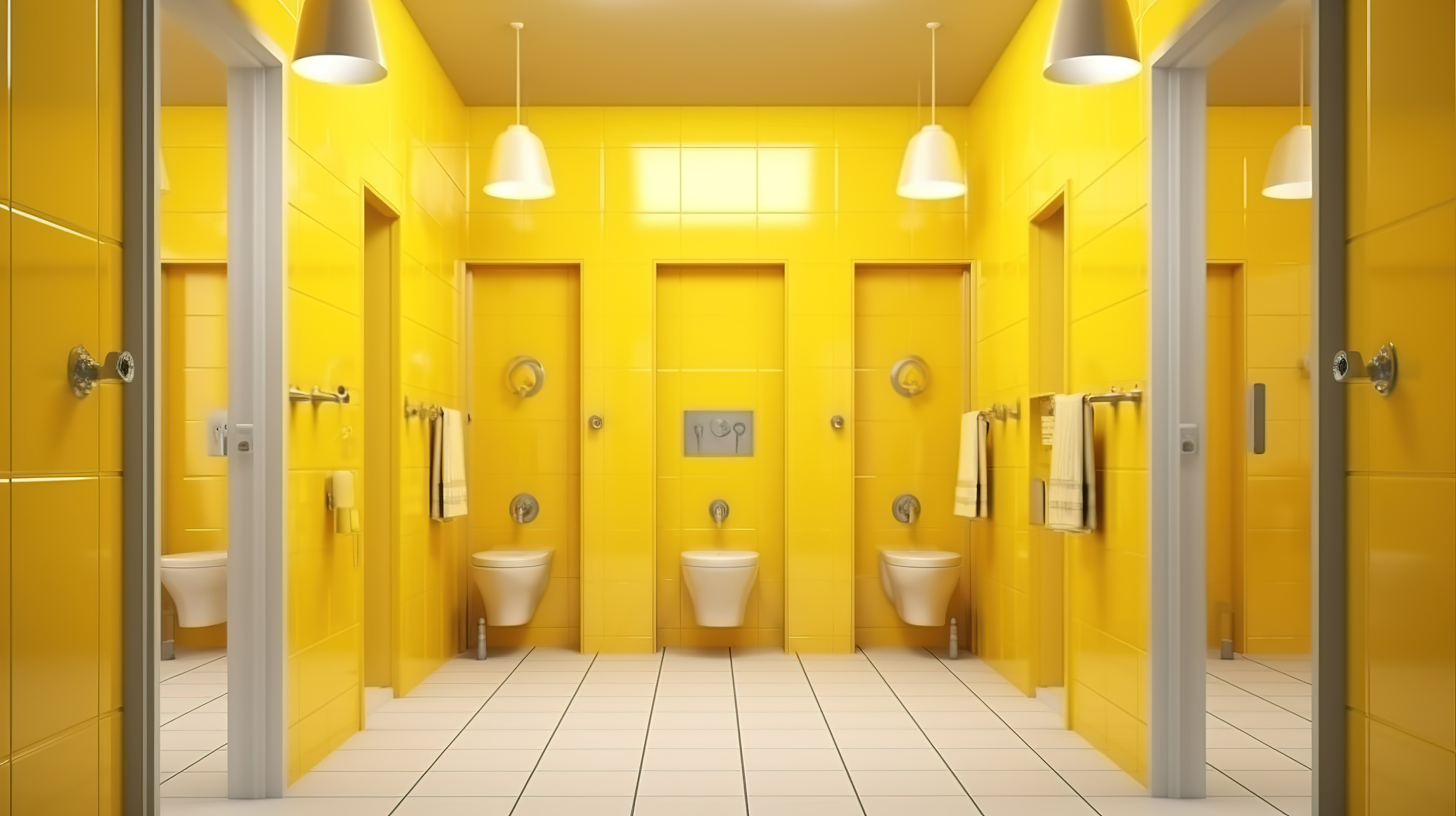 浴室 3D 渲染中的黄色淋浴和厕所图片