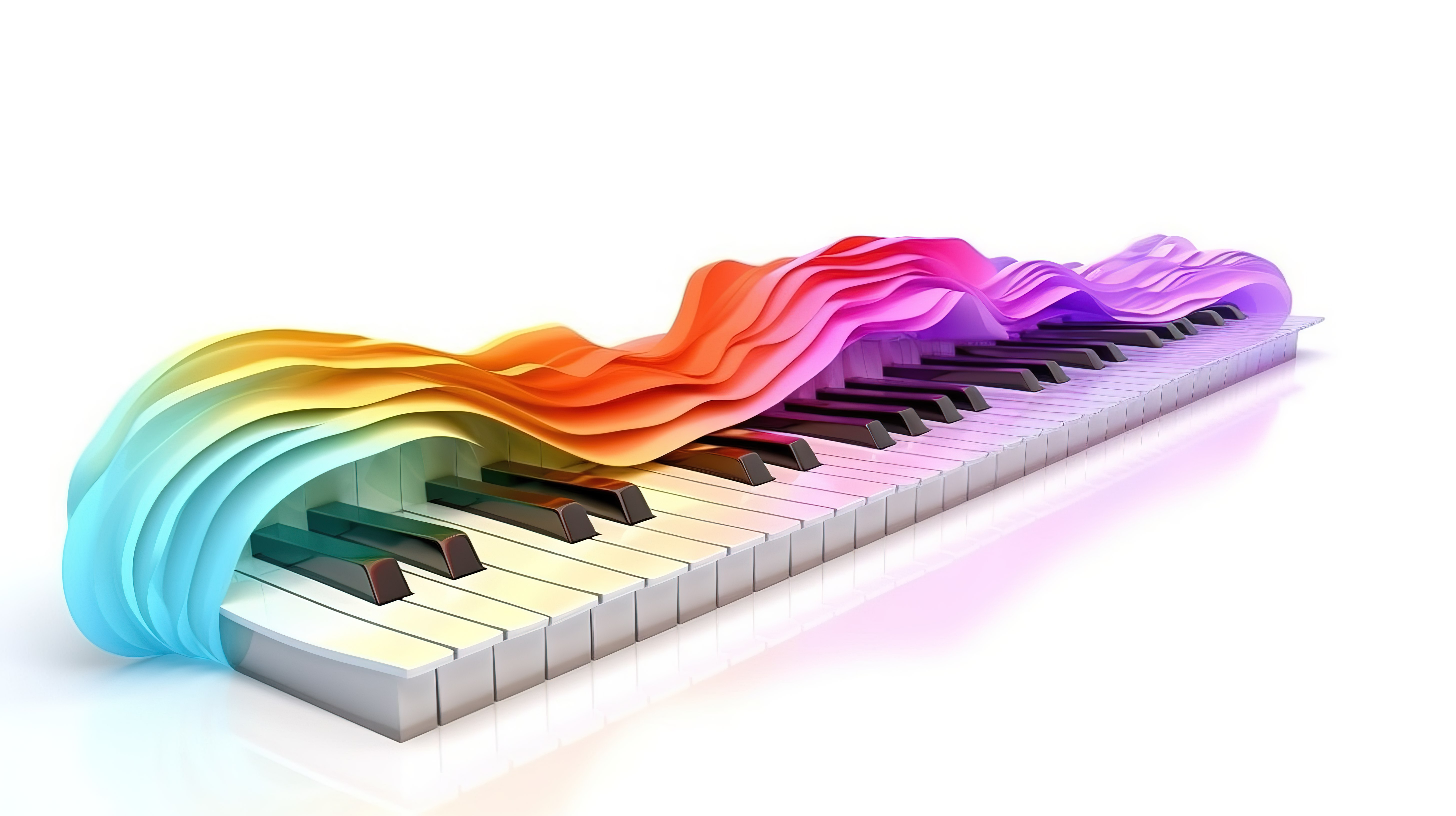 彩色抽象钢琴键盘，白色背景 3D 设计上带有波浪图案图片