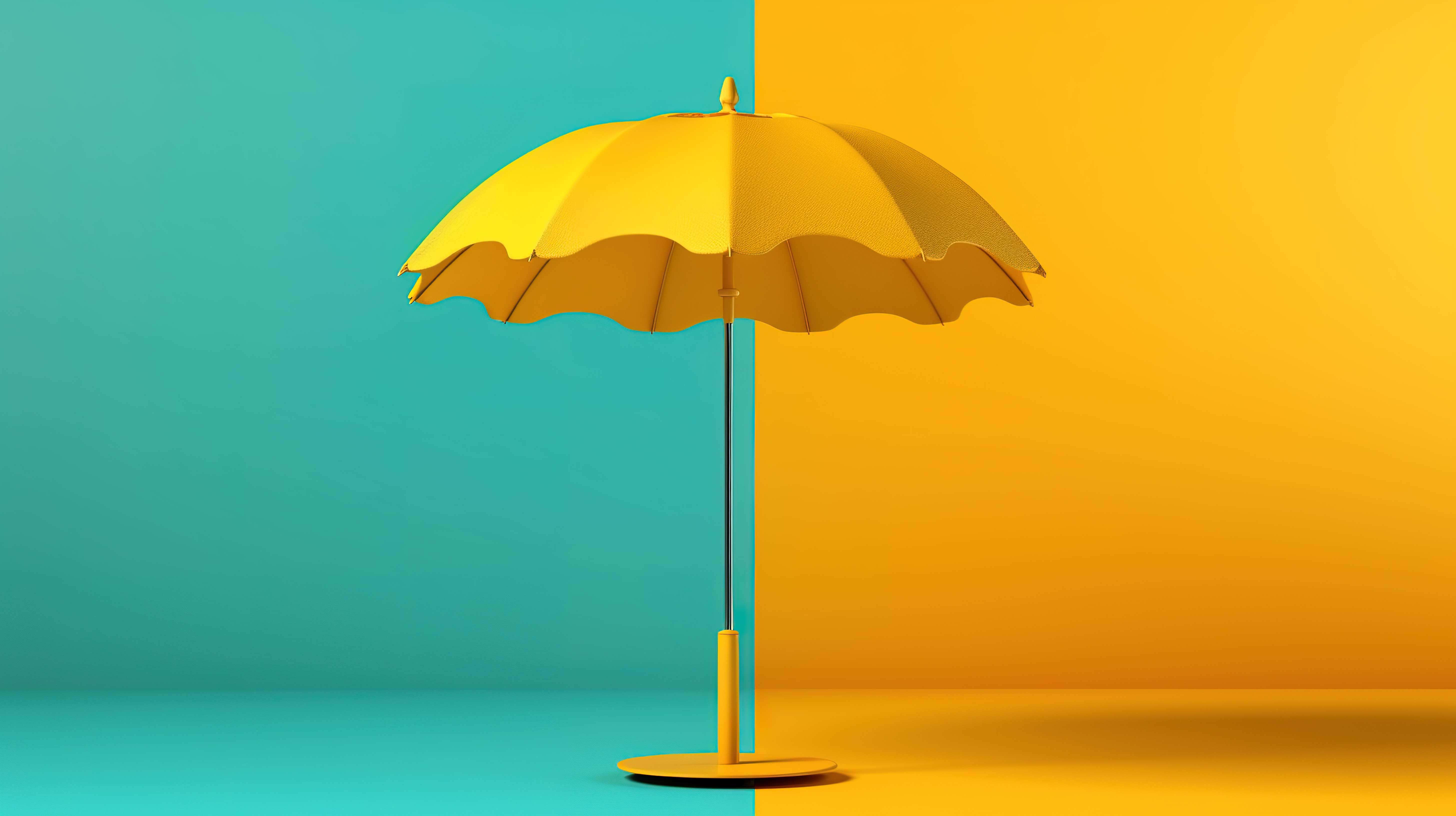海滩上的简约 阳光明媚的黄色背景上简约雨伞的 3D 插图图片