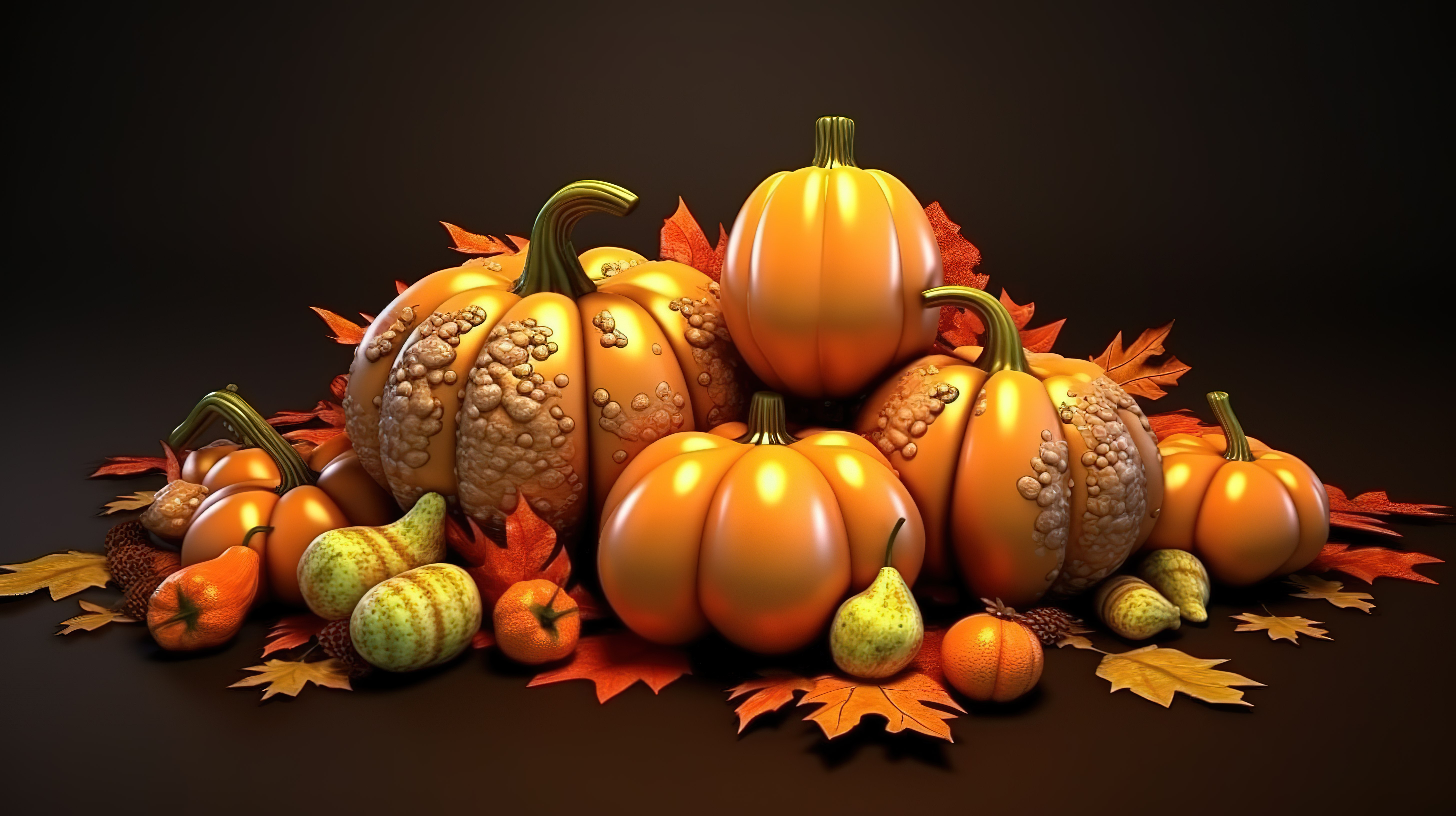 秋季主题 3D 渲染，以南瓜蝙蝠叶子和橡子为特色图片