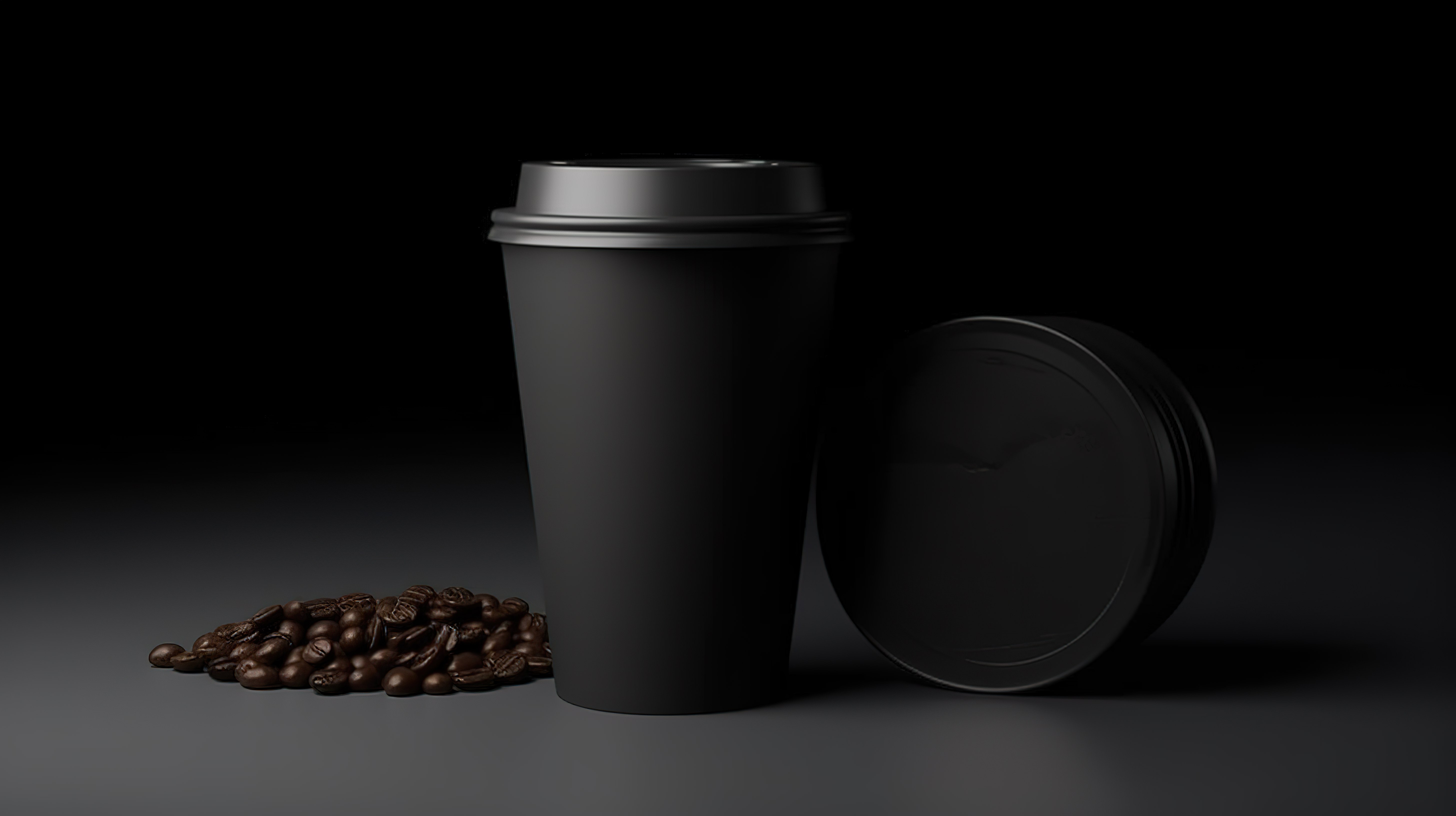 纯黑色背景上用于咖啡包装的带有塑料盖模型的黑色杯子的 3D 渲染图片