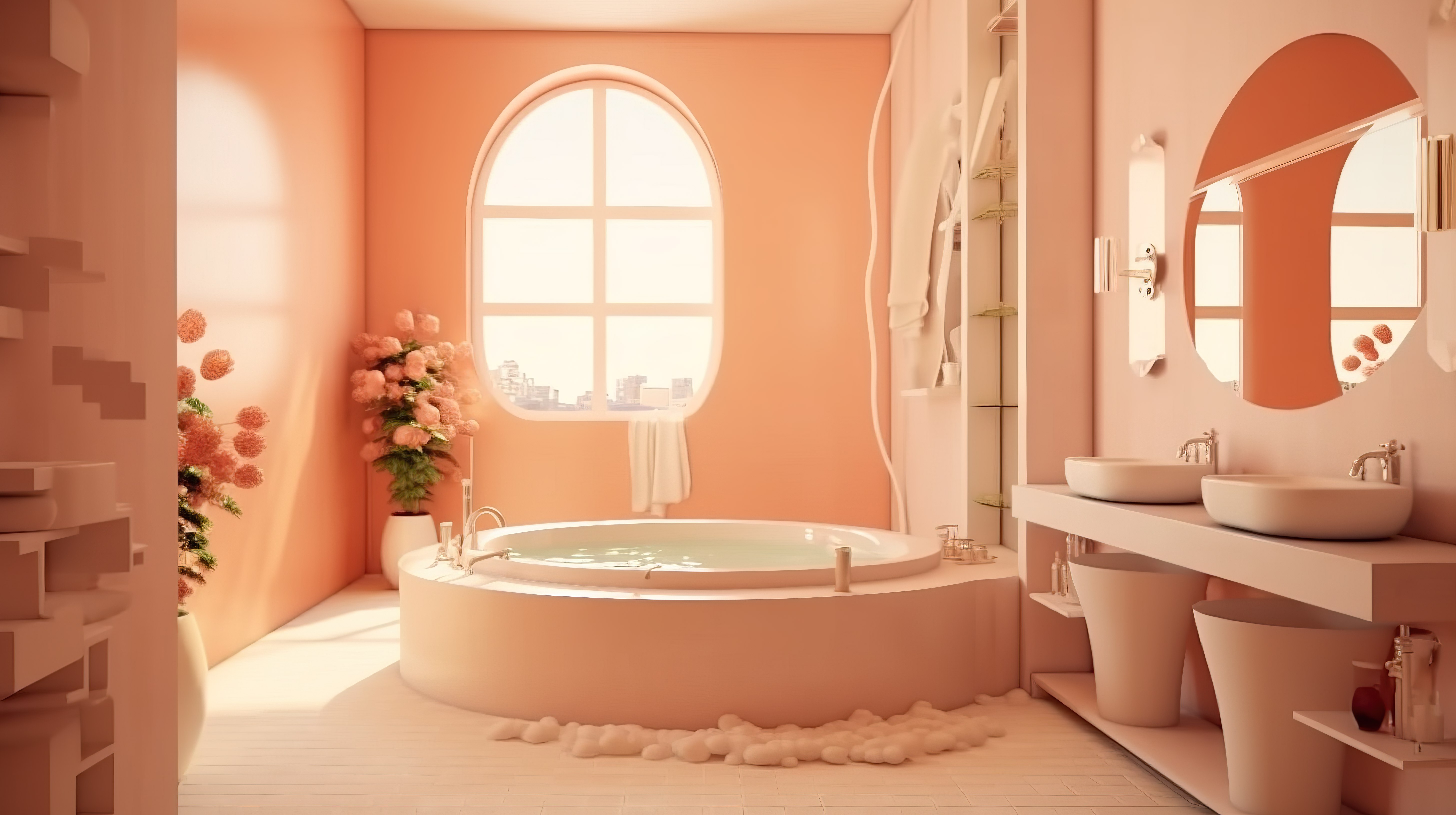 优雅的装饰艺术浴室设计，配有按摩浴缸柔软的桃墙和 3D 渲染图片
