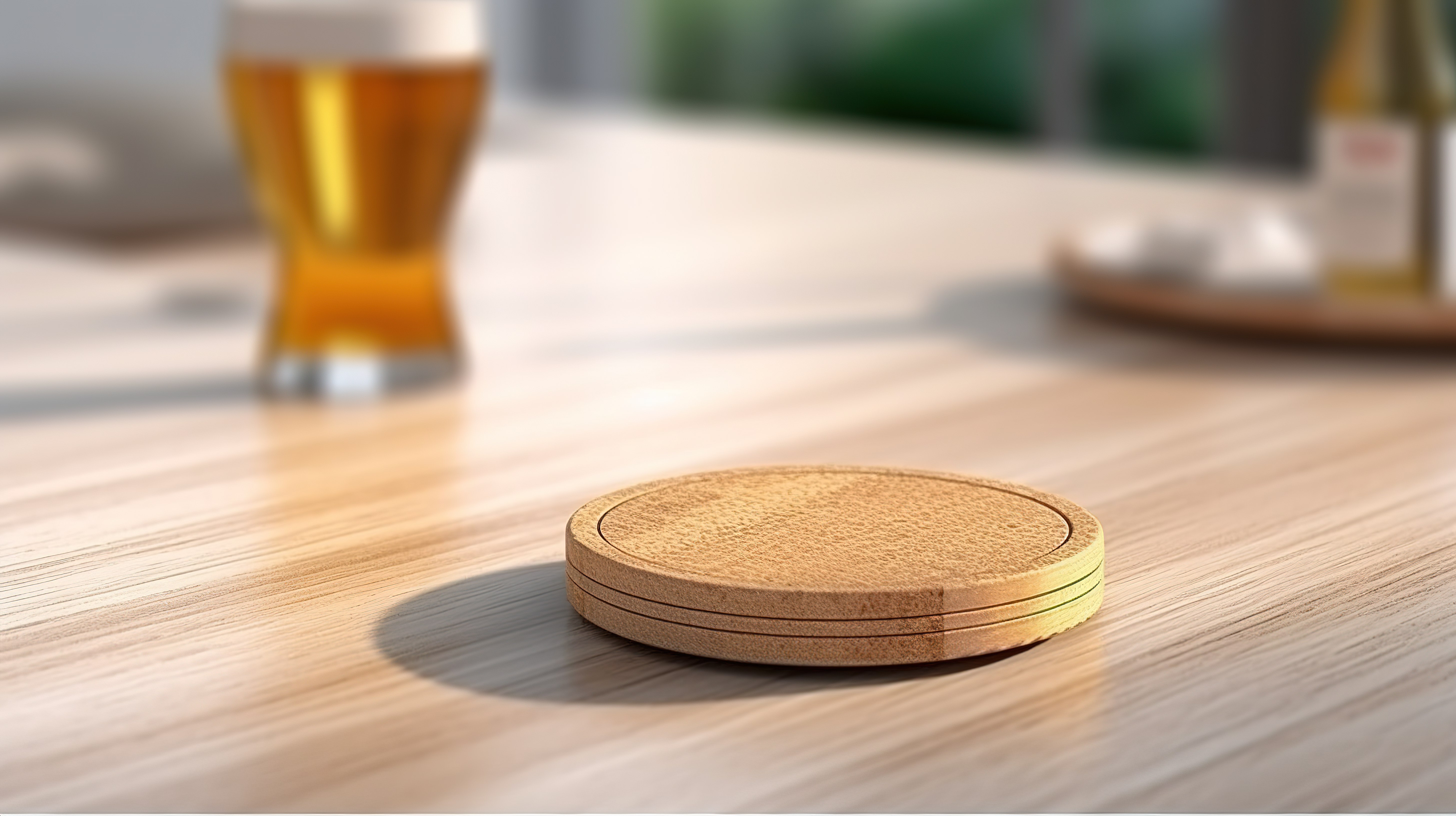 白色木桌上圆形软木啤酒杯垫样机的 3D 渲染图片