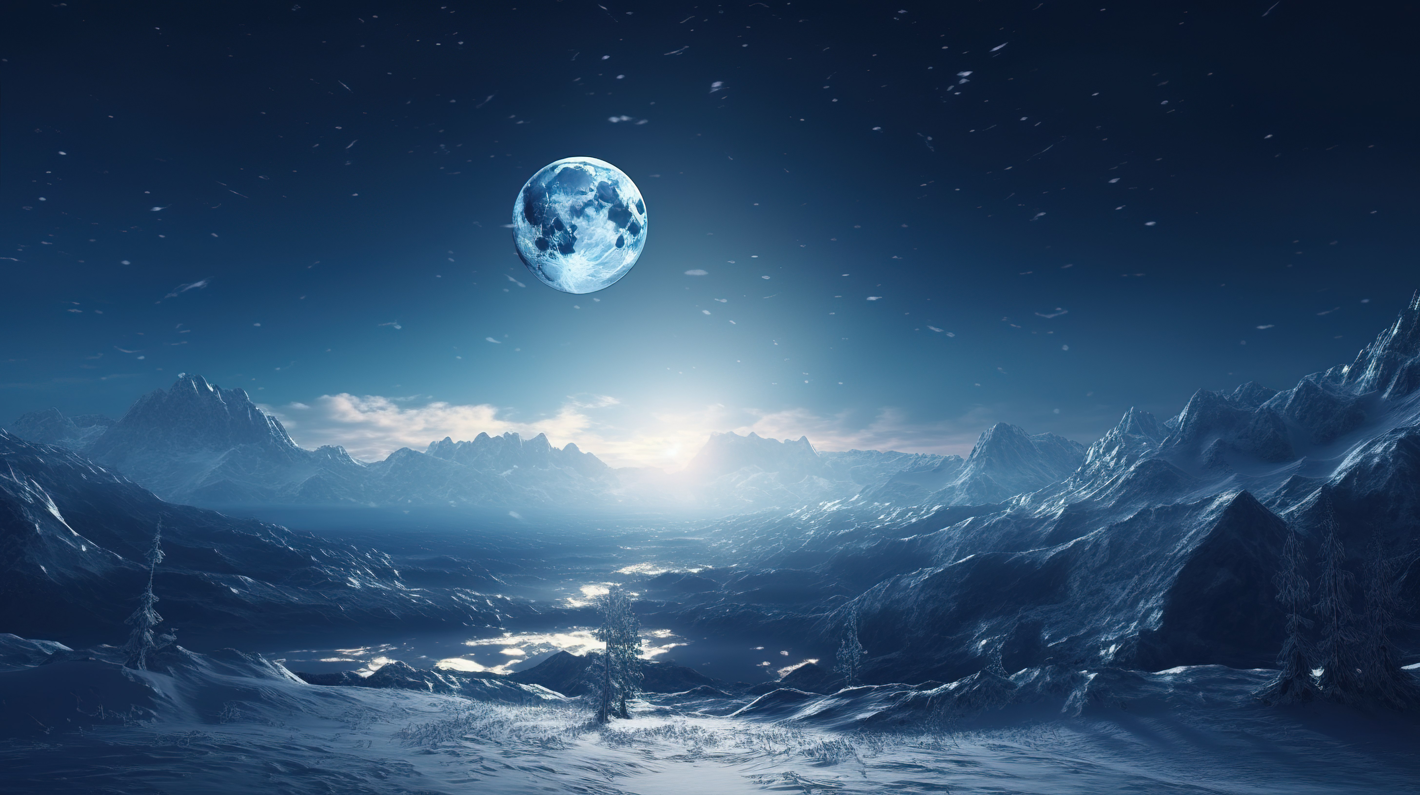 雄伟的山峰变成了冬季仙境，满月下飘落的雪花 3D 渲染图片