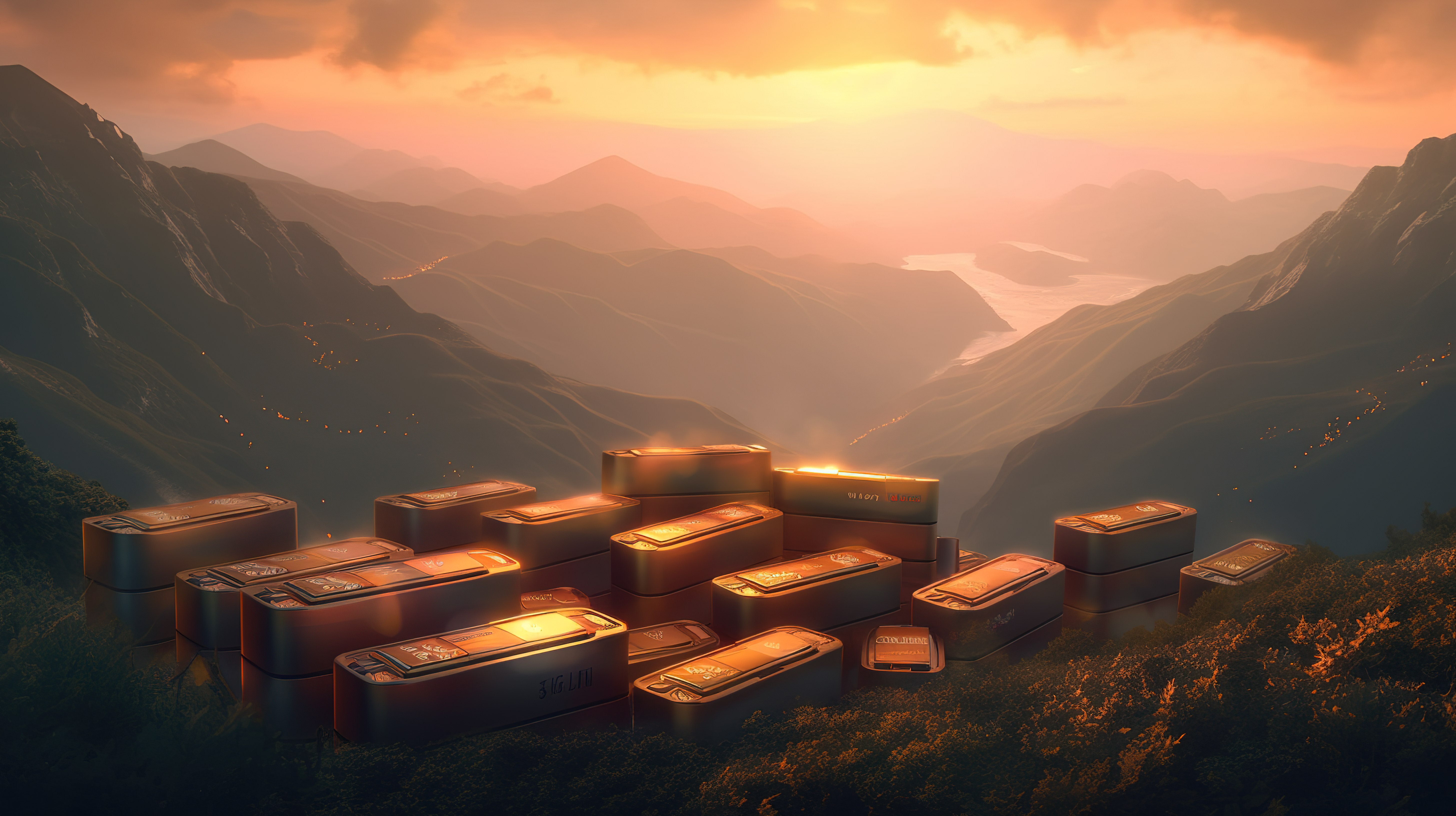 夕阳的光芒照亮了山中电池套件的 3D 渲染图片