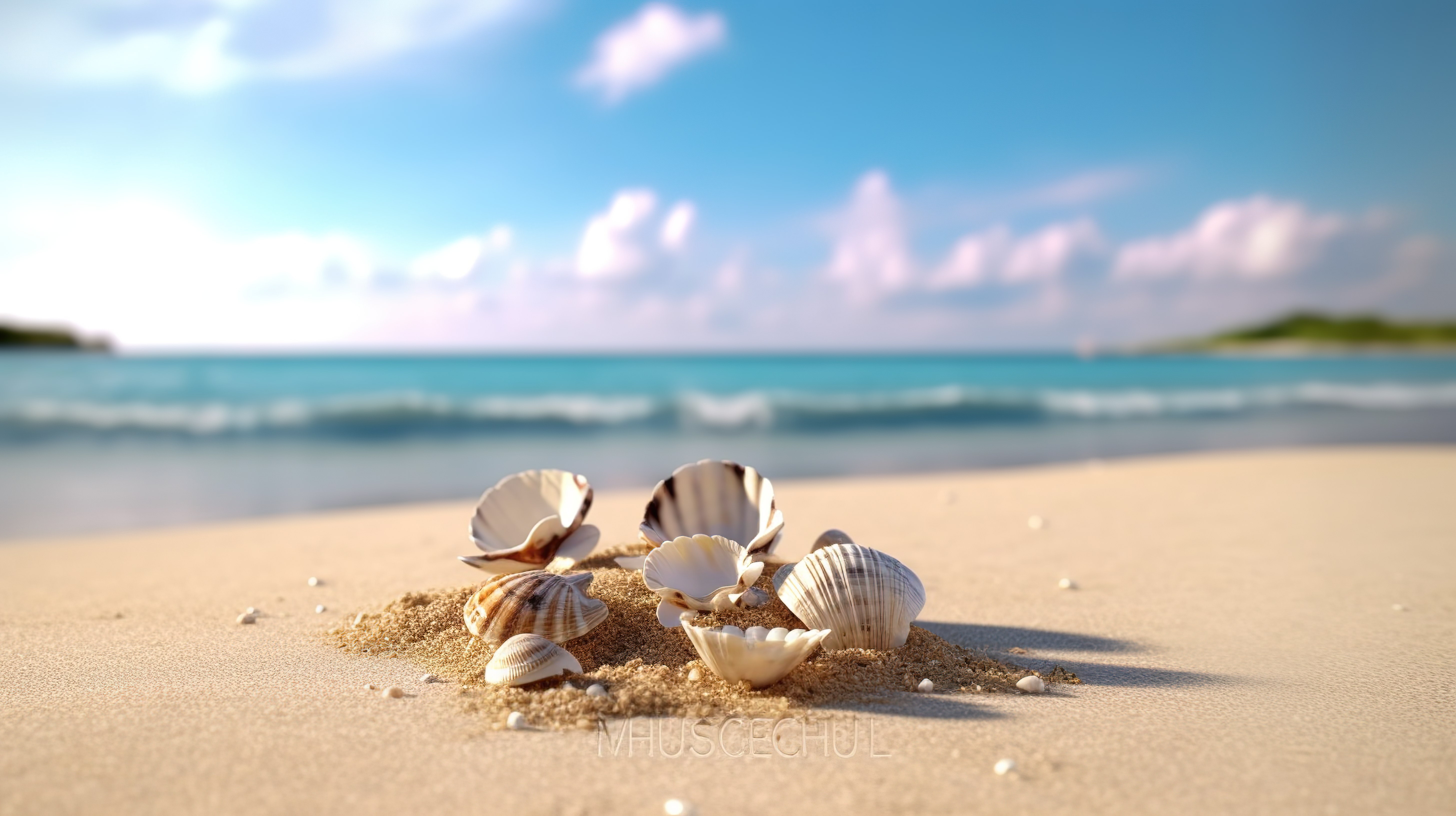 贝壳遍布的沙滩海岸线令人惊叹的海洋和天空景色图片