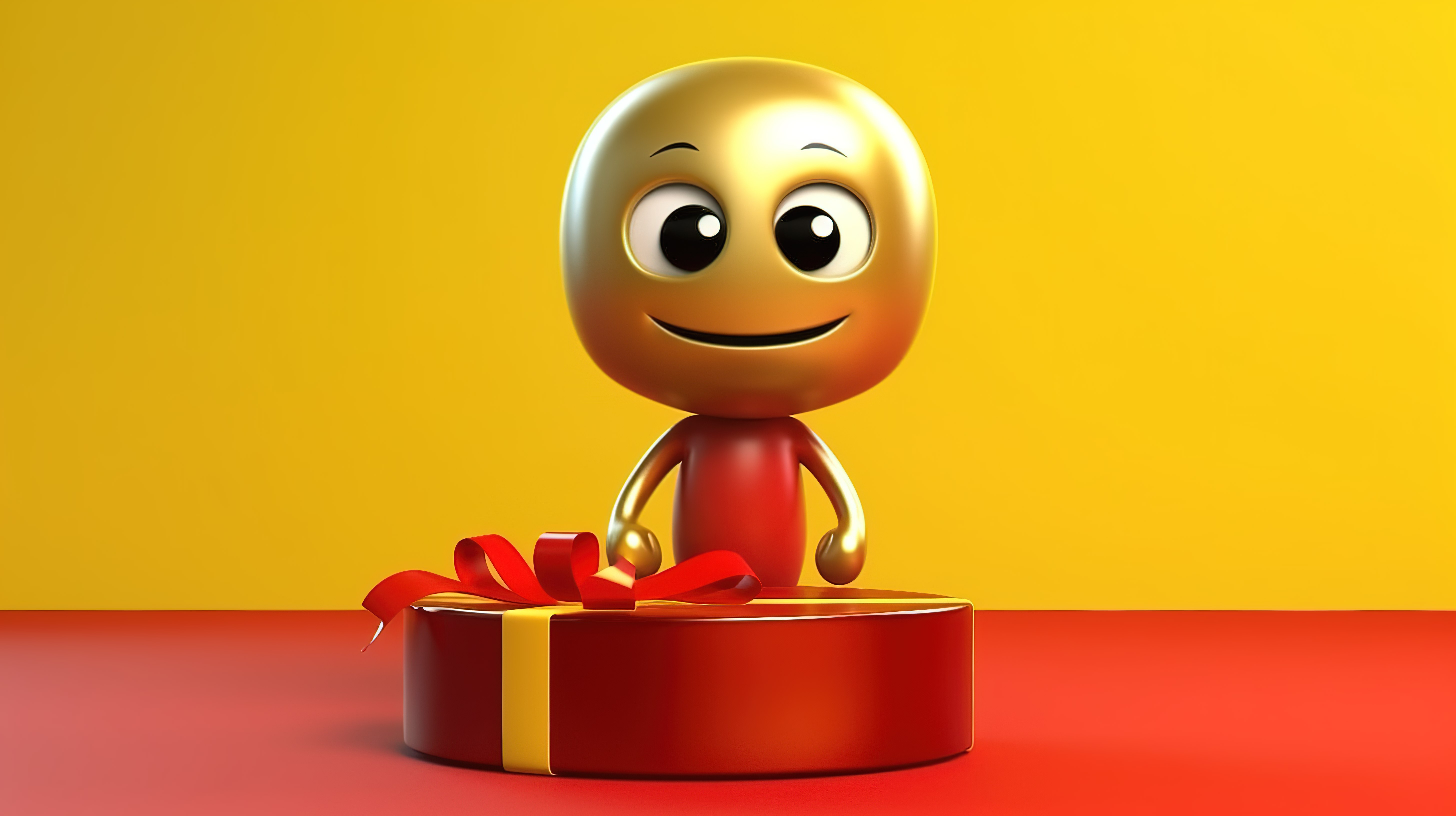 黄色背景下持有金色忠诚计划奖金硬币礼盒和红丝带的角色吉祥物的 3D 渲染图片