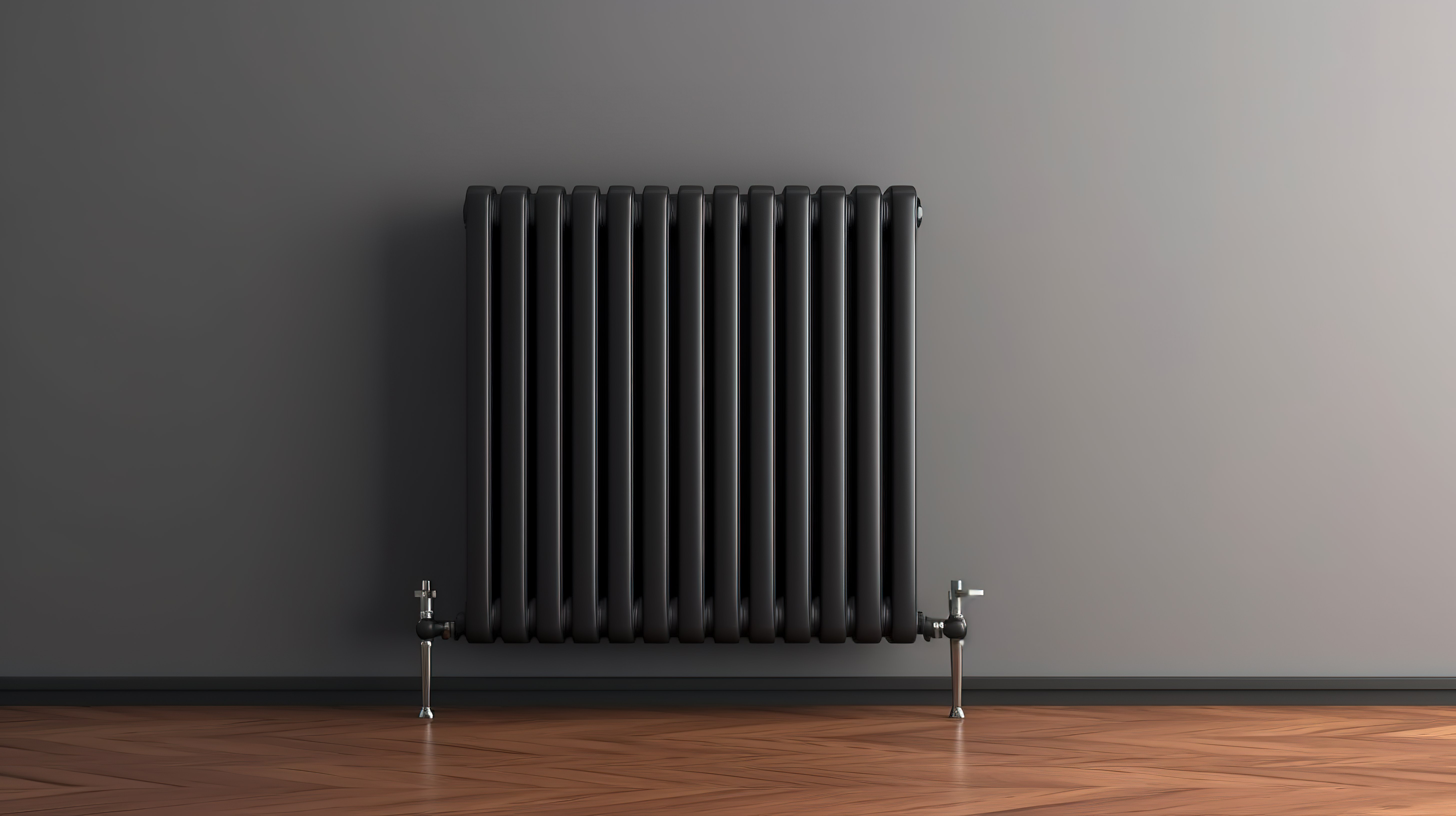 现代房间配有 3D 渲染的黑色现代暖气散热器，安装在灰色混凝土墙上，以实现最佳的中央供暖系统图片