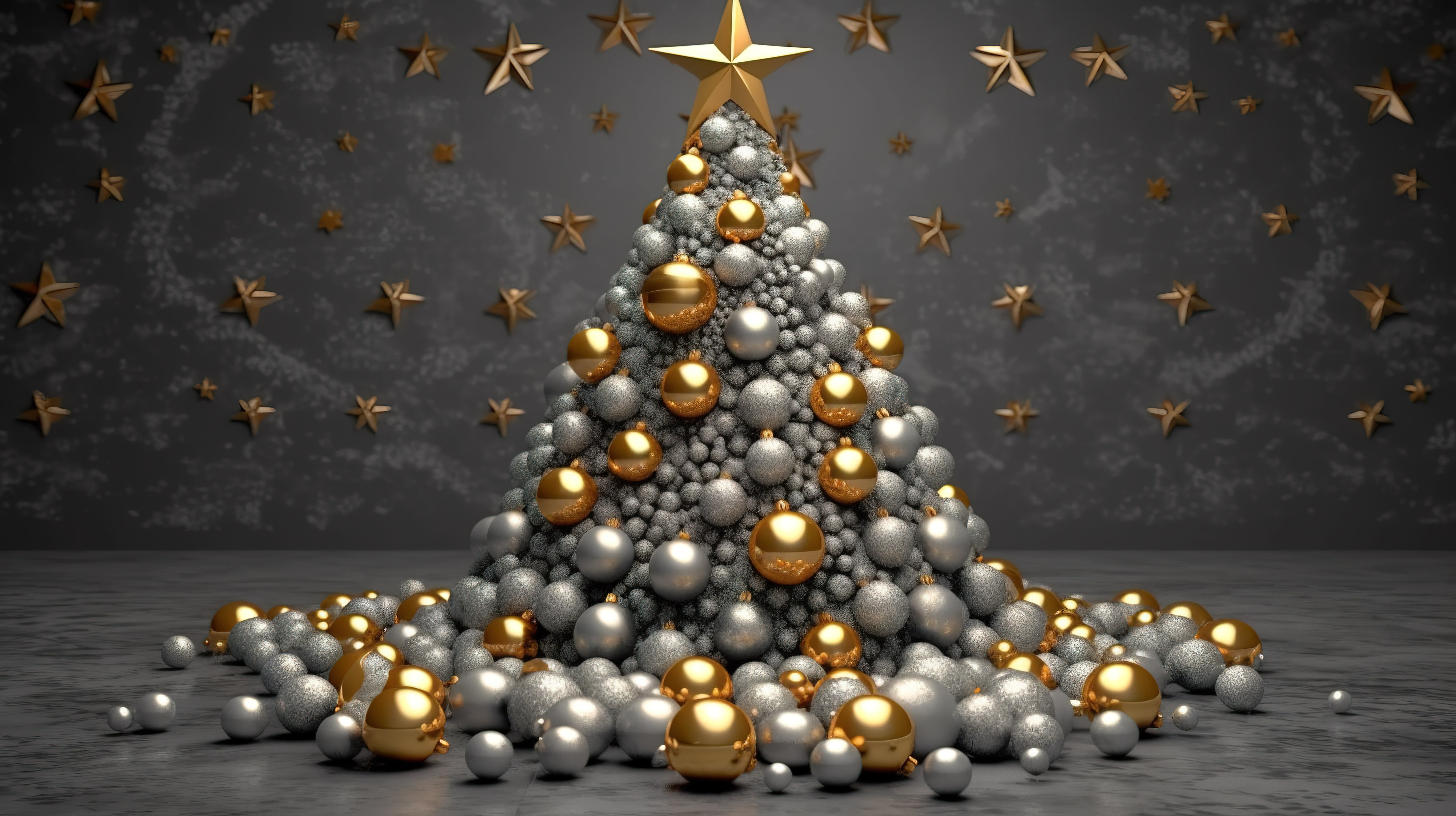 装饰有金色星星装饰品和雪花的圣诞树背景的 3D 渲染图片
