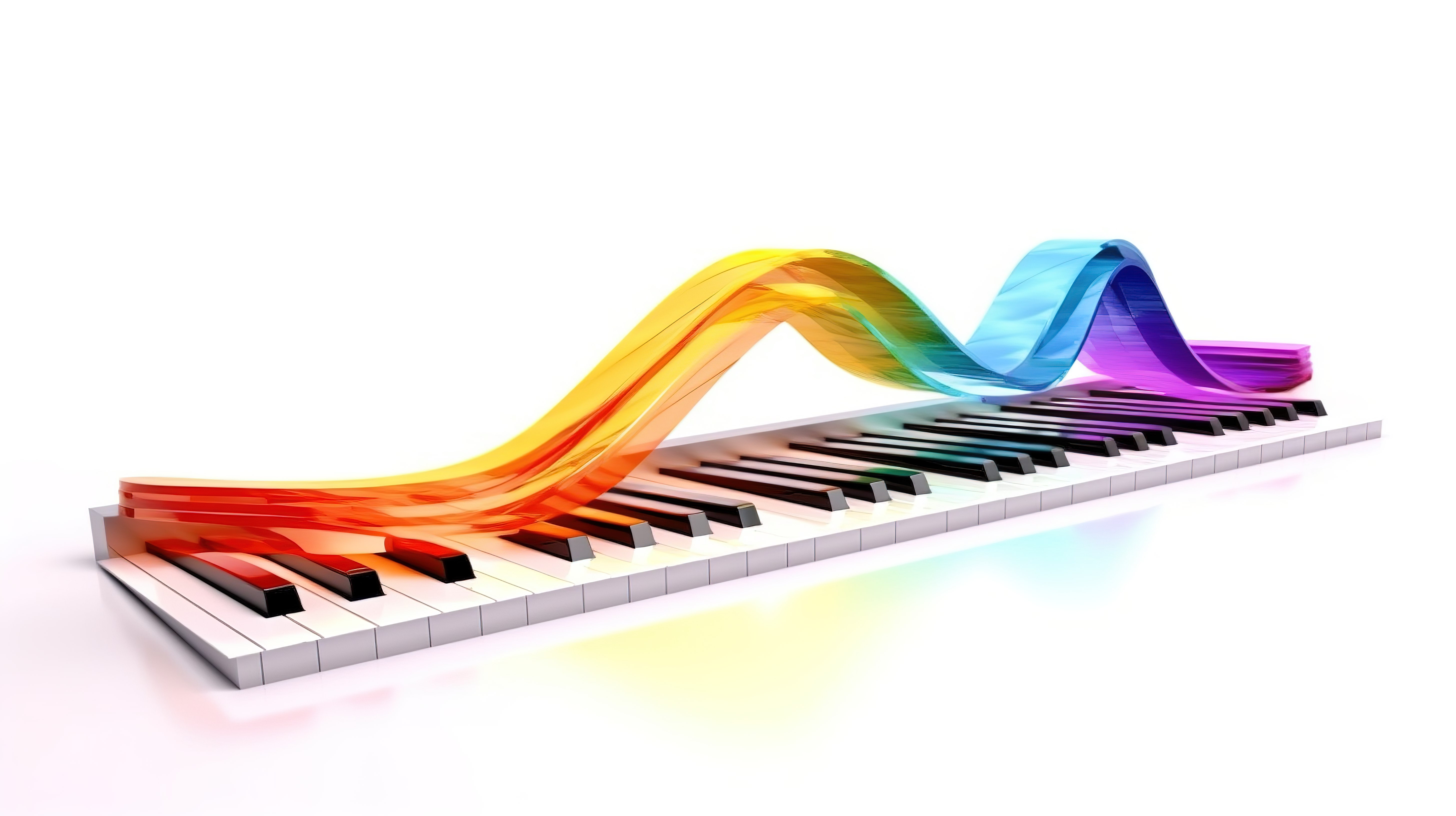 白色背景上具有波浪抽象设计的彩色钢琴键盘的 3D 渲染图片