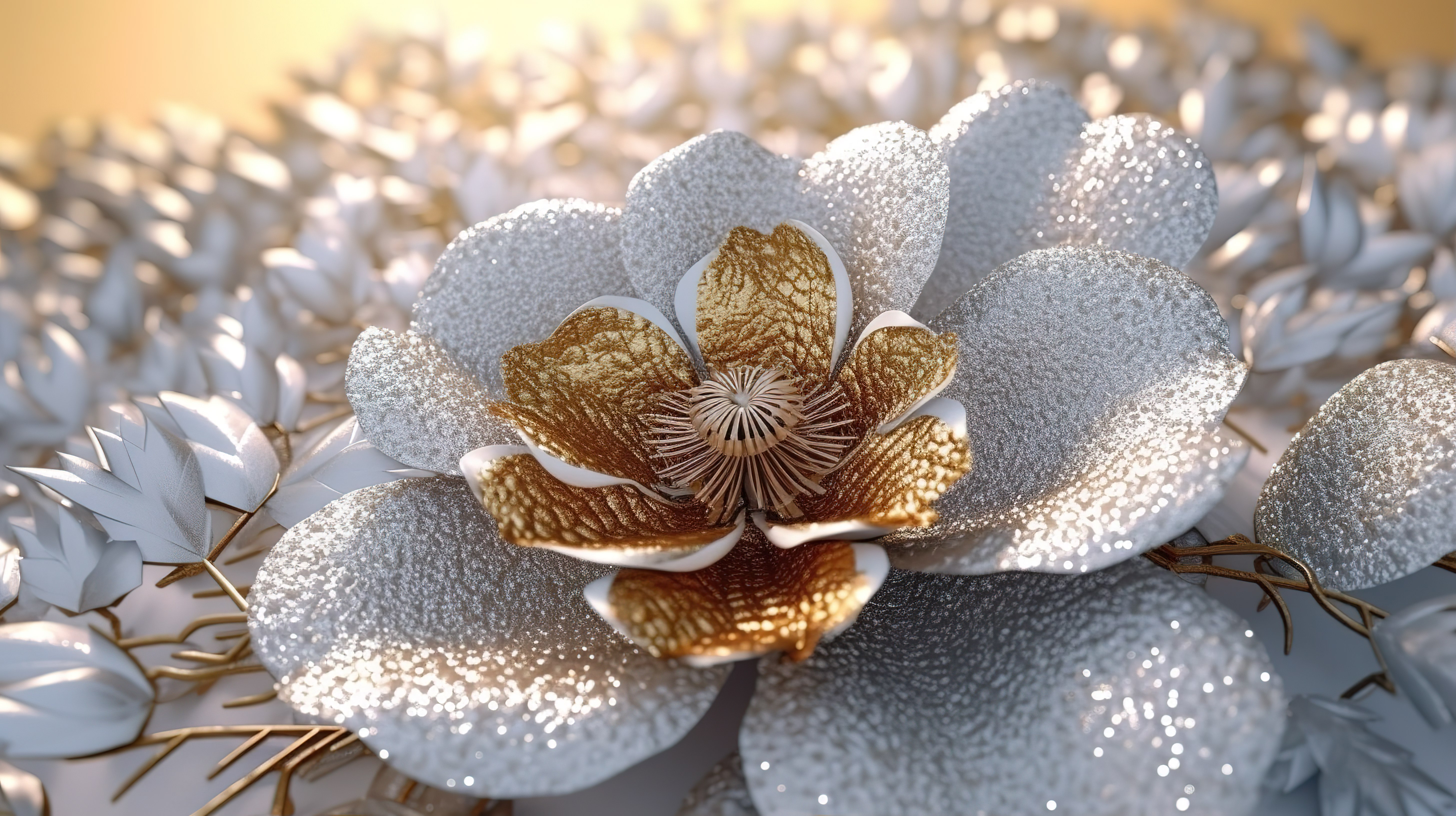 冬天开花一朵具有金色纹理和雪花的 3D 抽象花图片