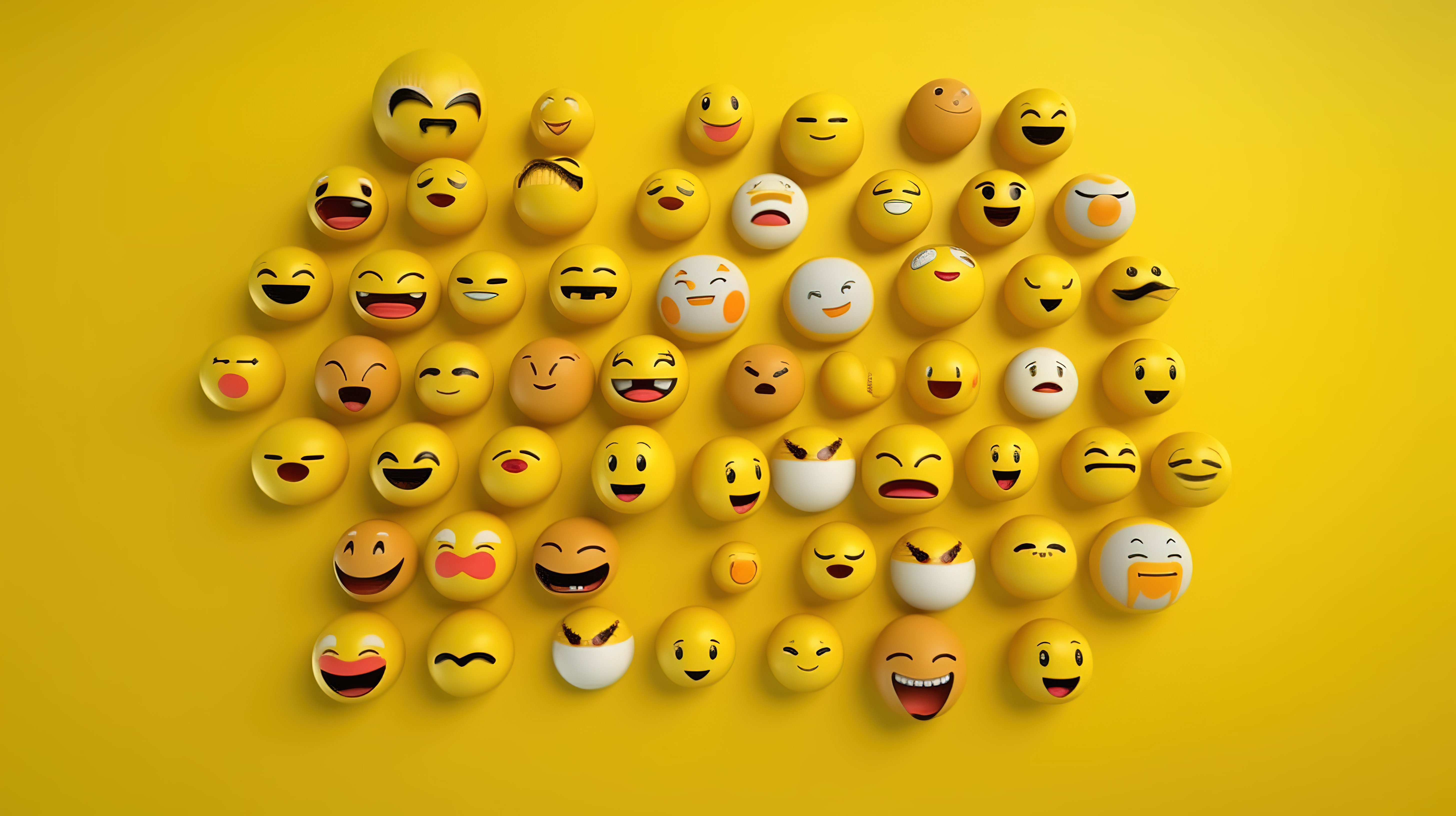 具有各种面孔和表情的 emoji 表情符号字符的 3D 渲染图片